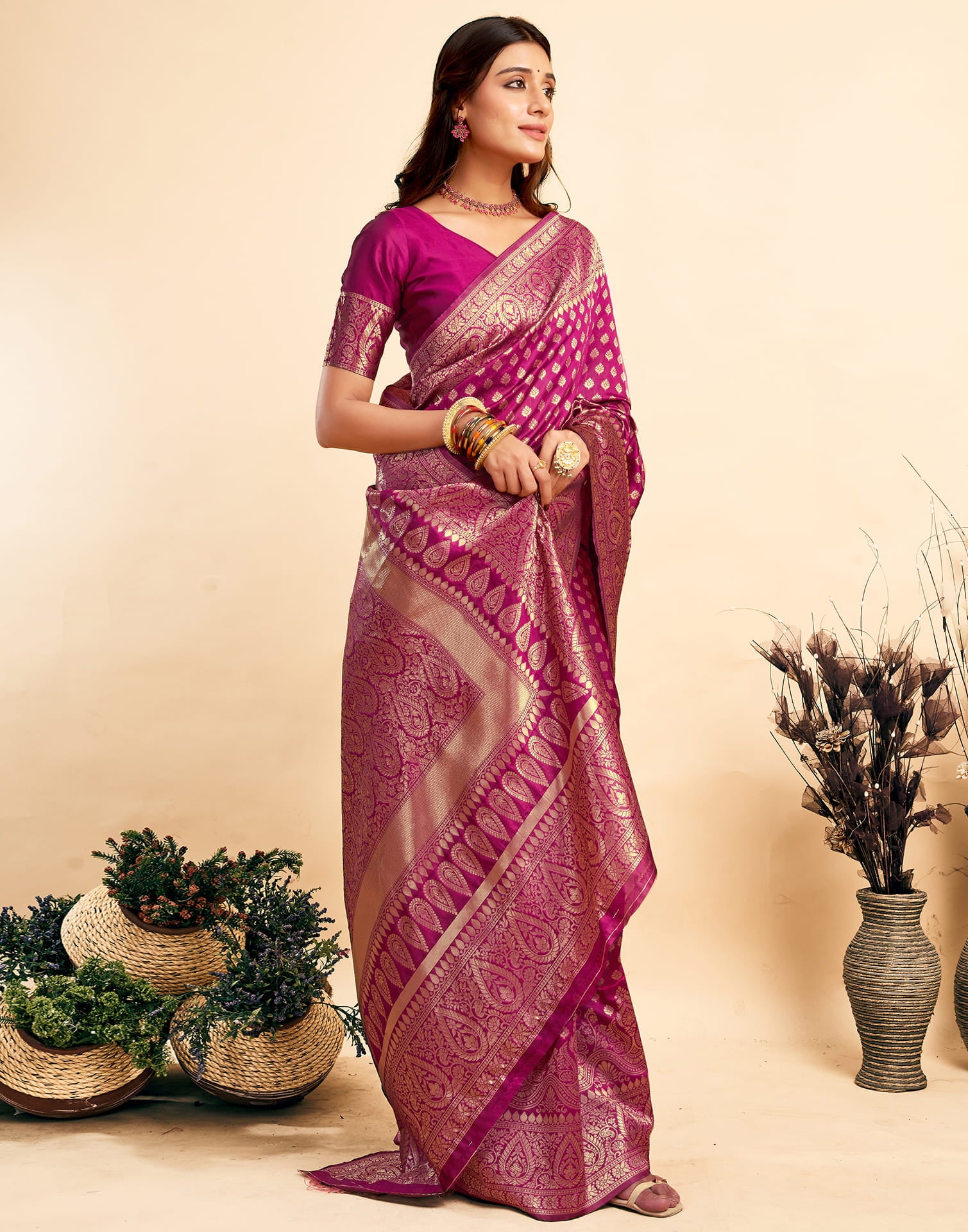 Dark Magenta Silk Woven Banarasi Saree