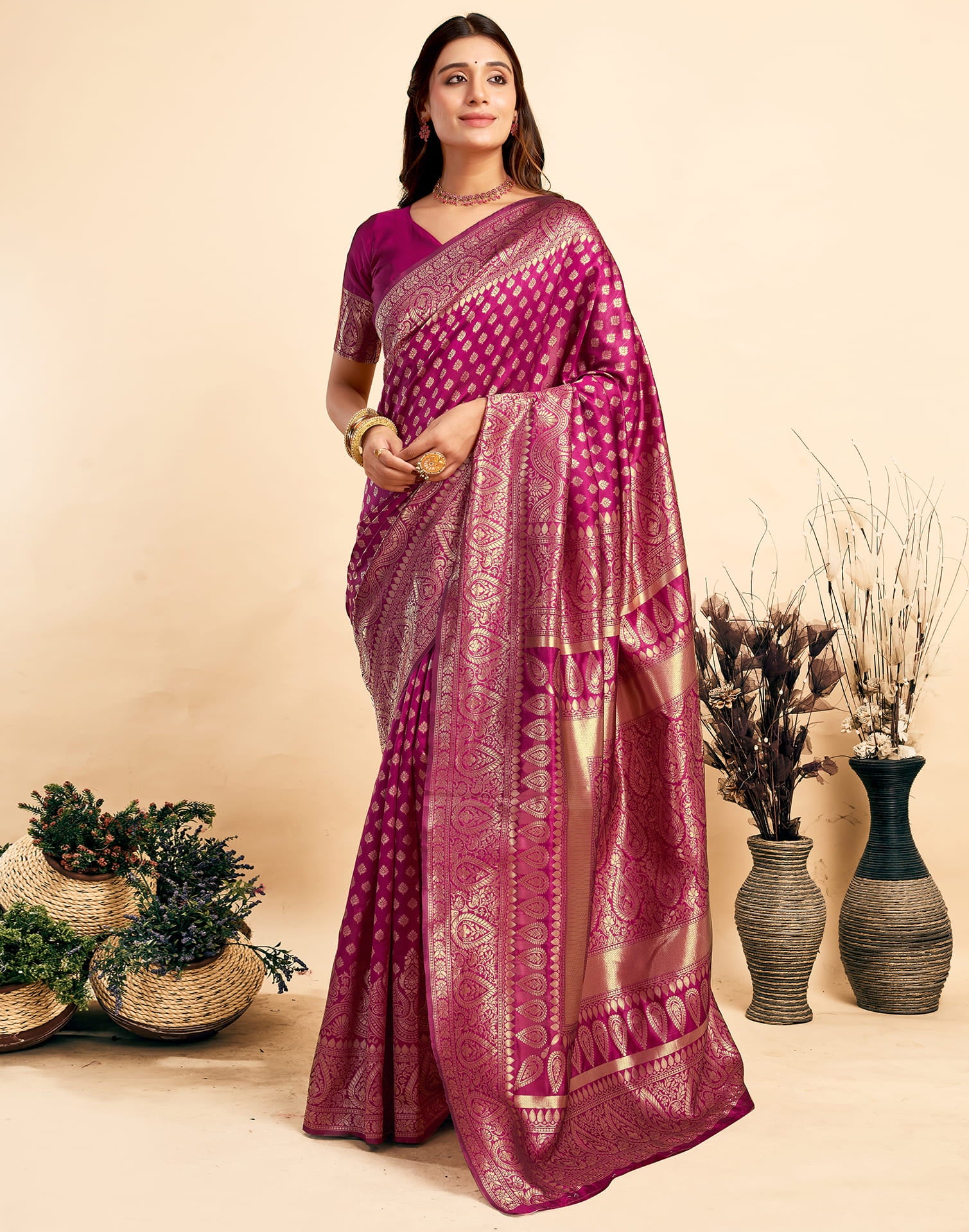 Dark Magenta Silk Woven Banarasi Saree