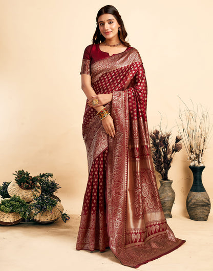 Maroon Silk Woven Banarasi Saree