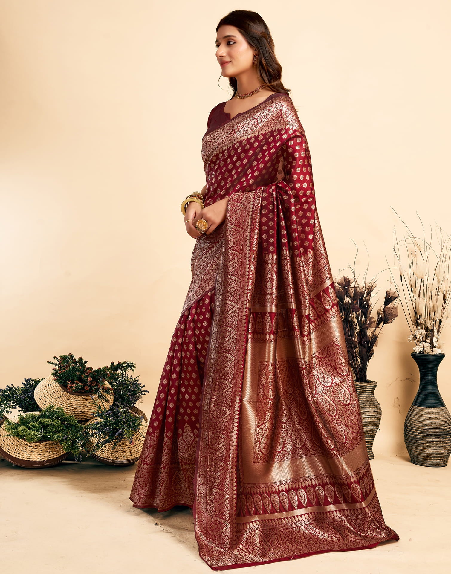 Maroon Silk Woven Banarasi Saree