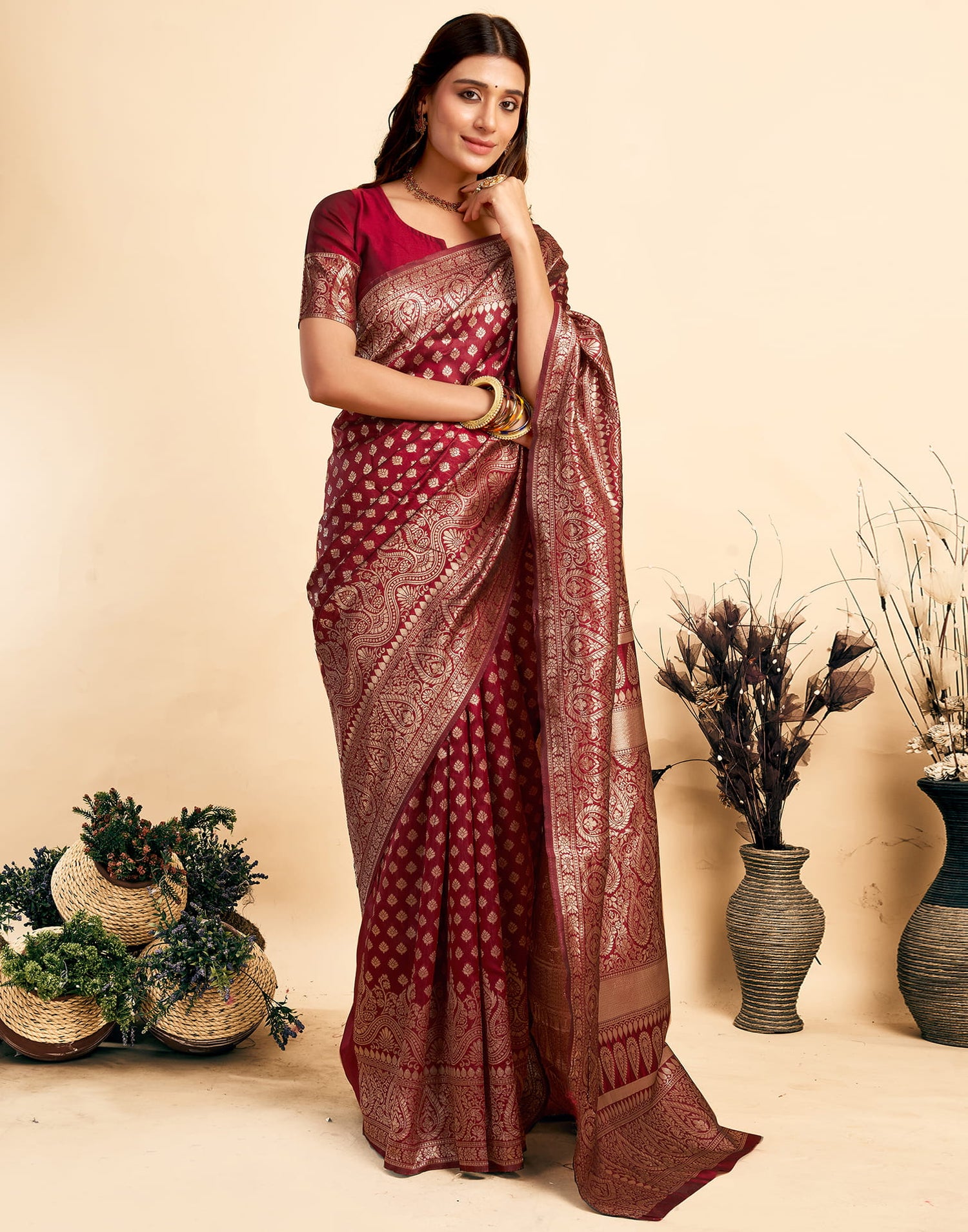 Maroon Silk Woven Banarasi Saree