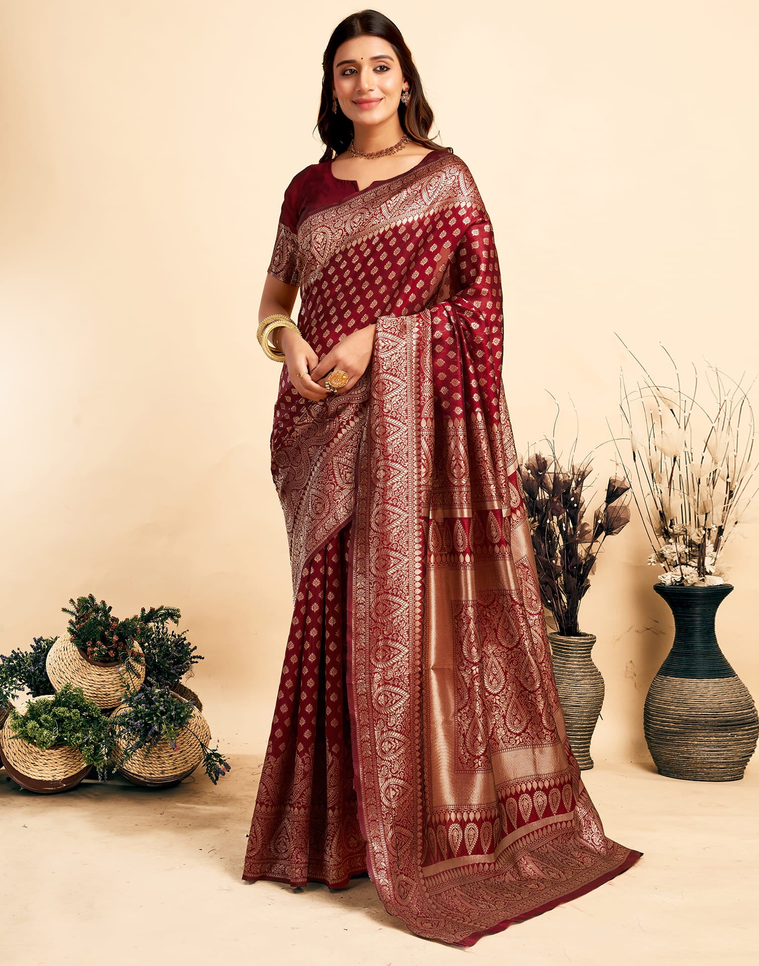 Maroon Silk Woven Banarasi Saree