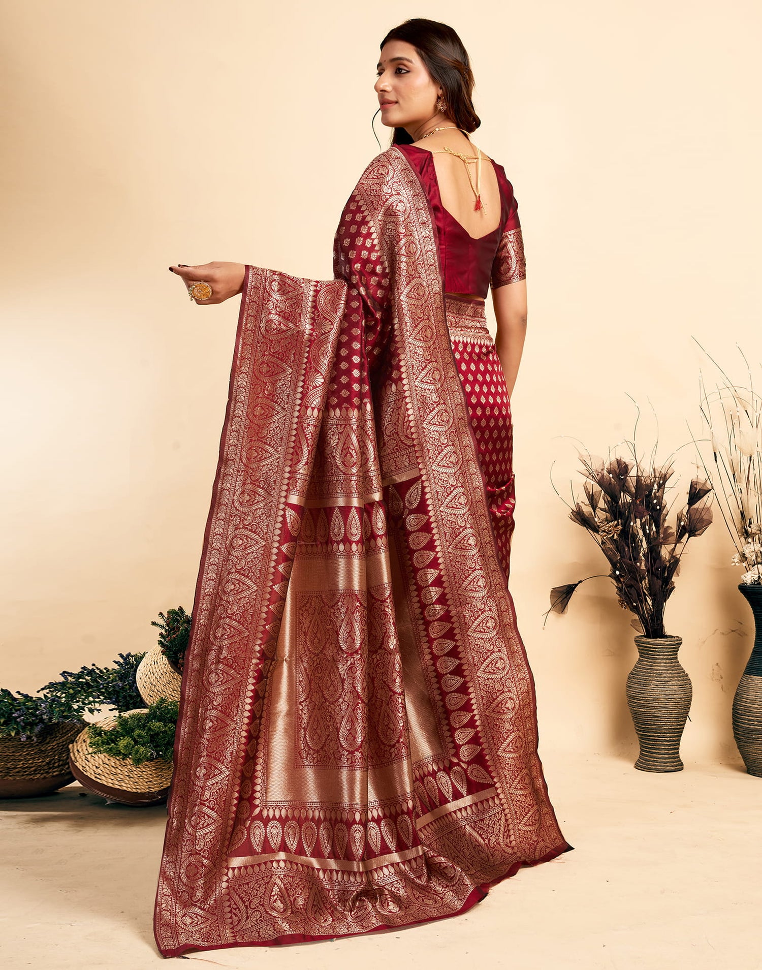 Maroon Silk Woven Banarasi Saree