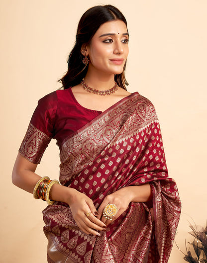 Maroon Silk Woven Banarasi Saree