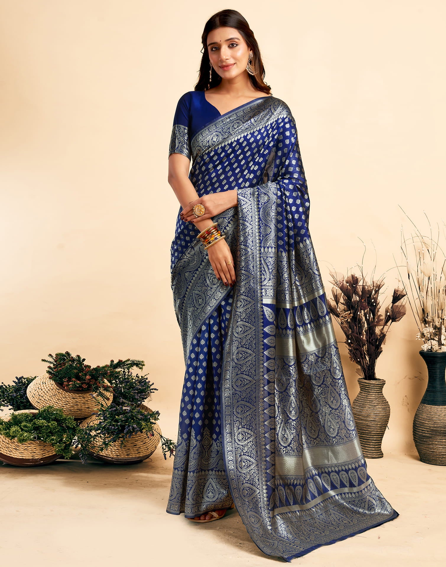 Navy Blue Silk Woven Banarasi Saree