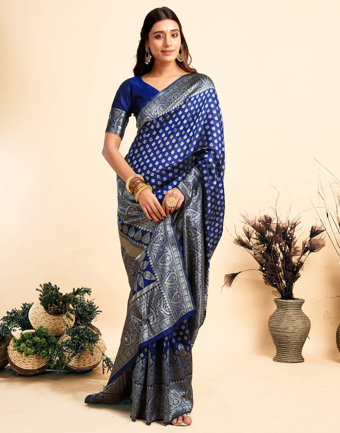 Navy Blue Silk Woven Banarasi Saree