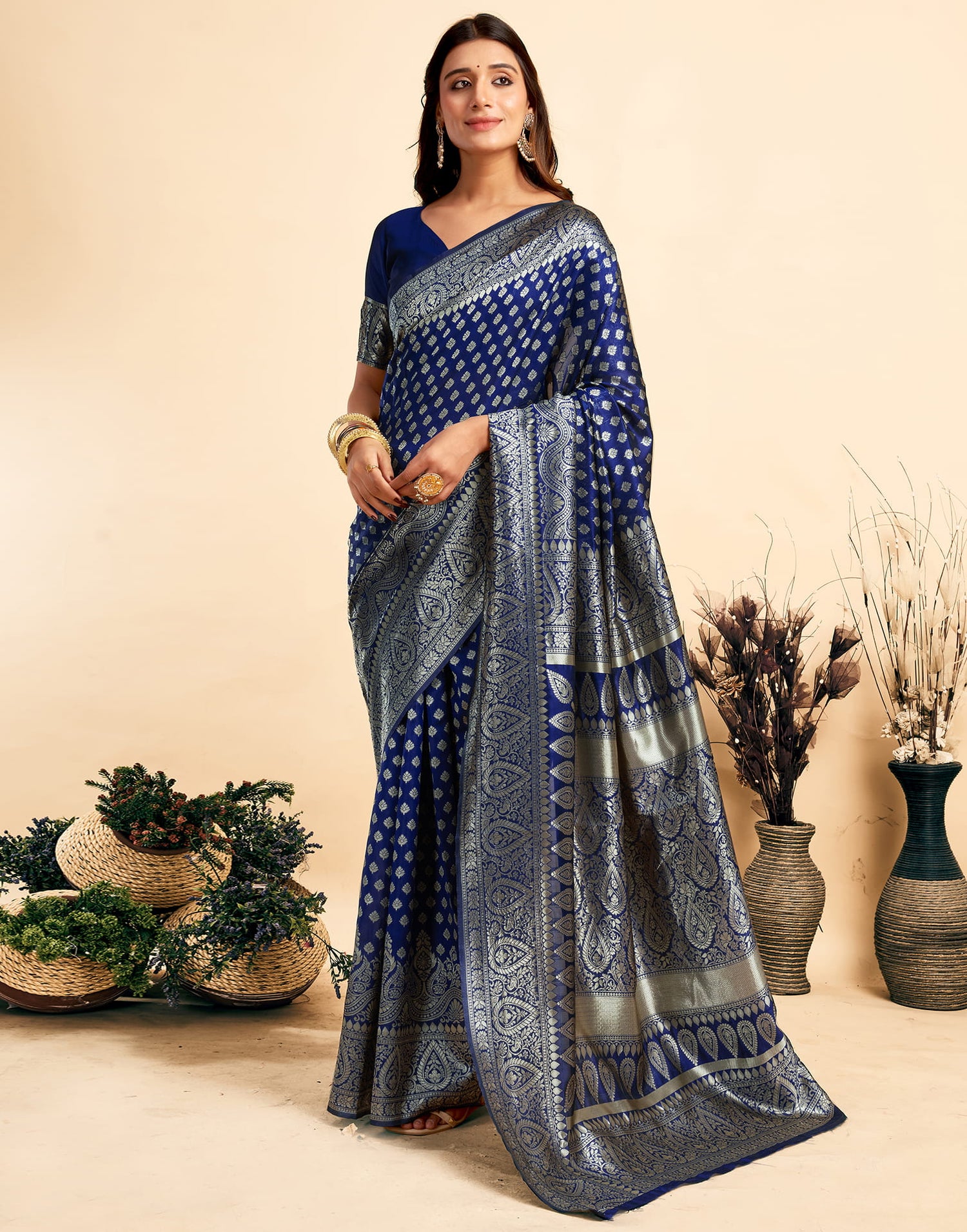 Navy Blue Silk Woven Banarasi Saree