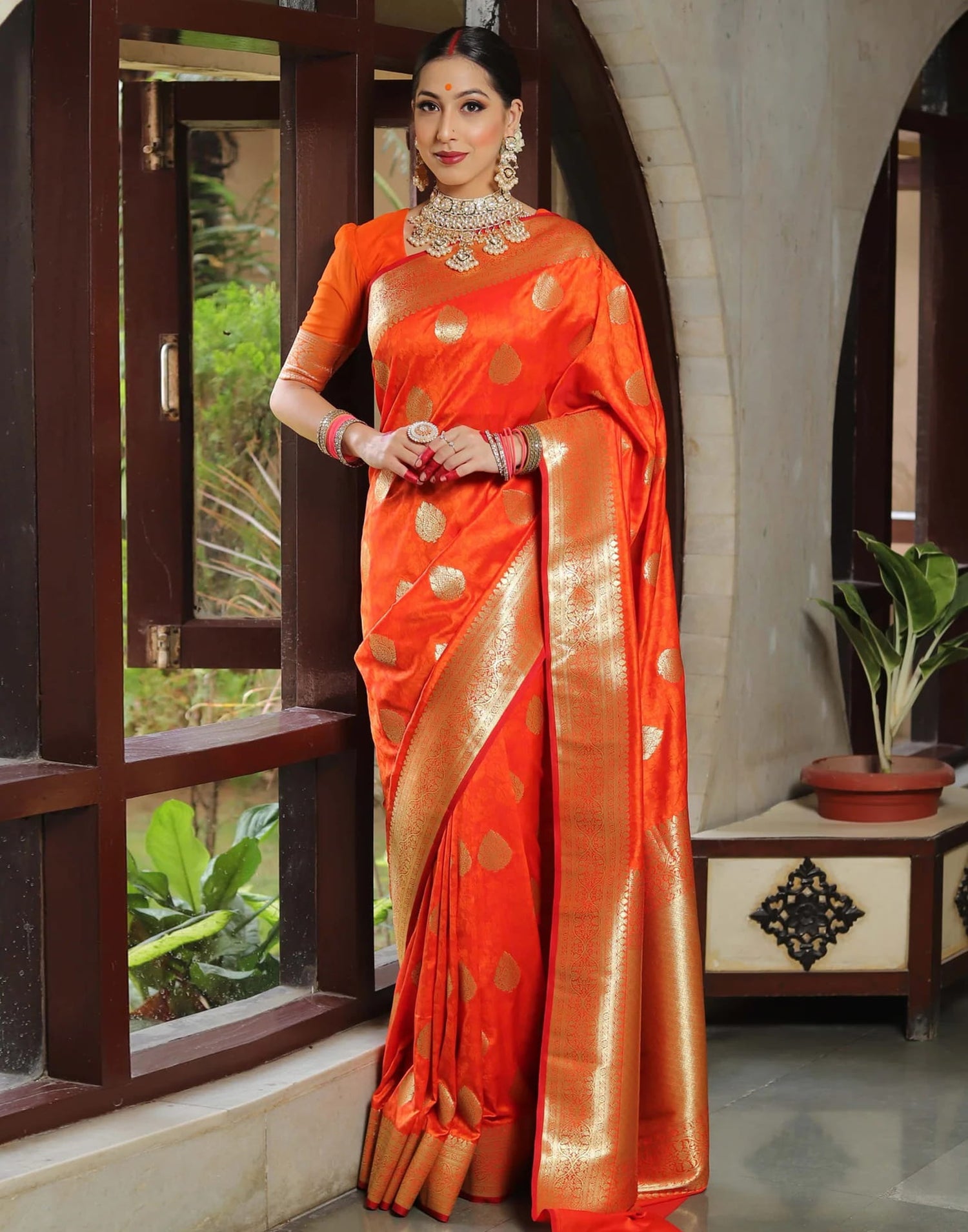 Orange Silk Woven Banarasi Saree