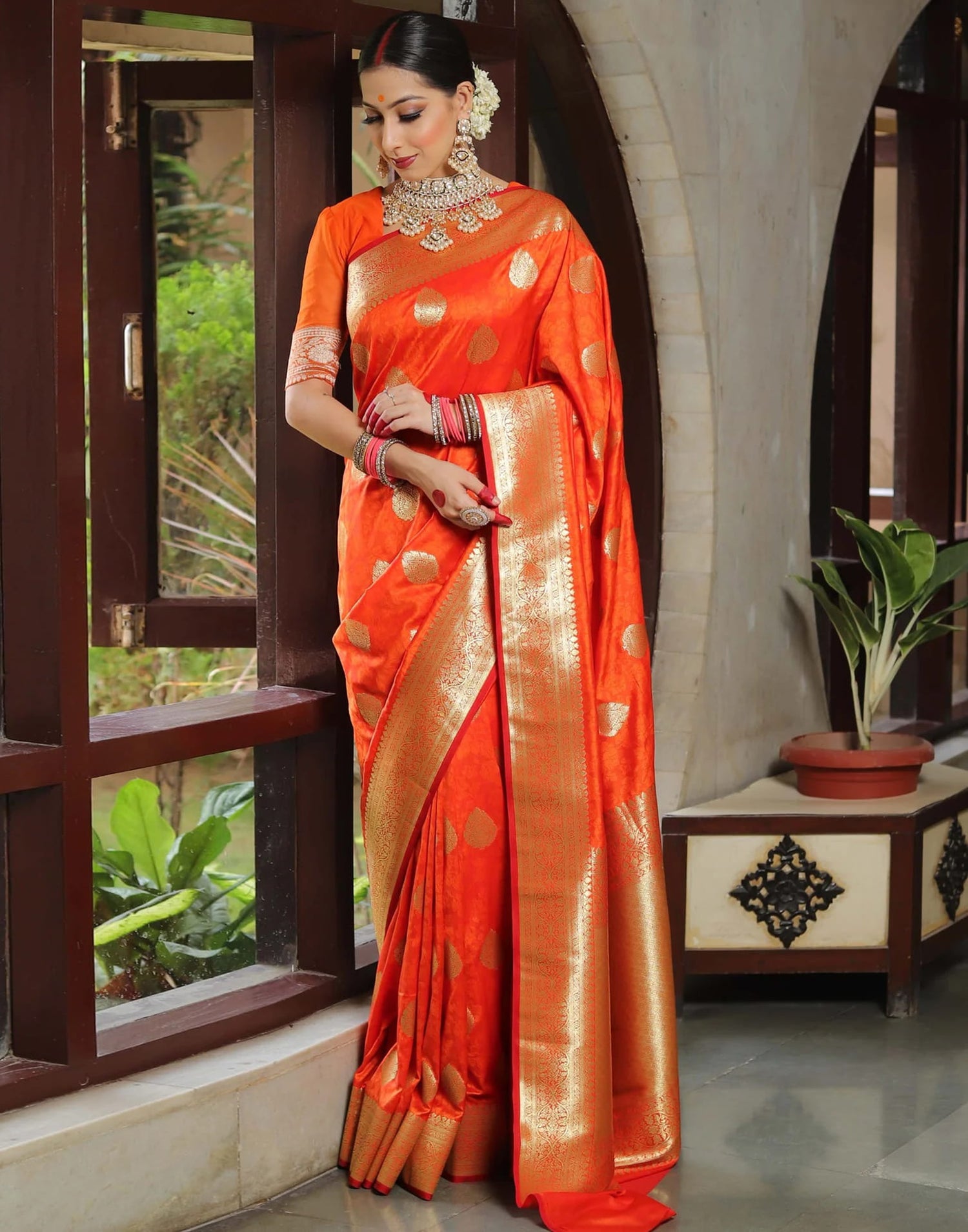 Orange Silk Woven Banarasi Saree