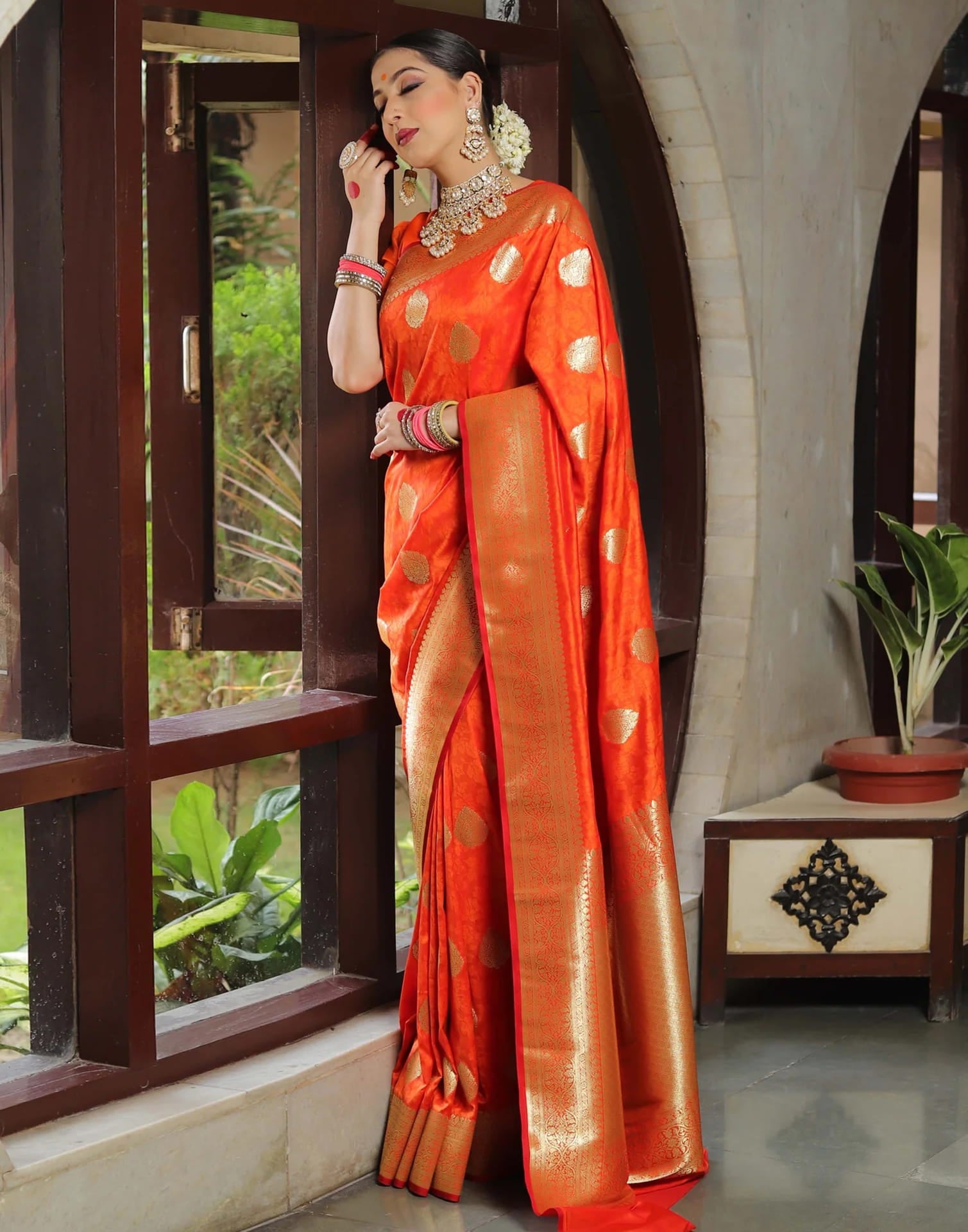 Orange Silk Woven Banarasi Saree