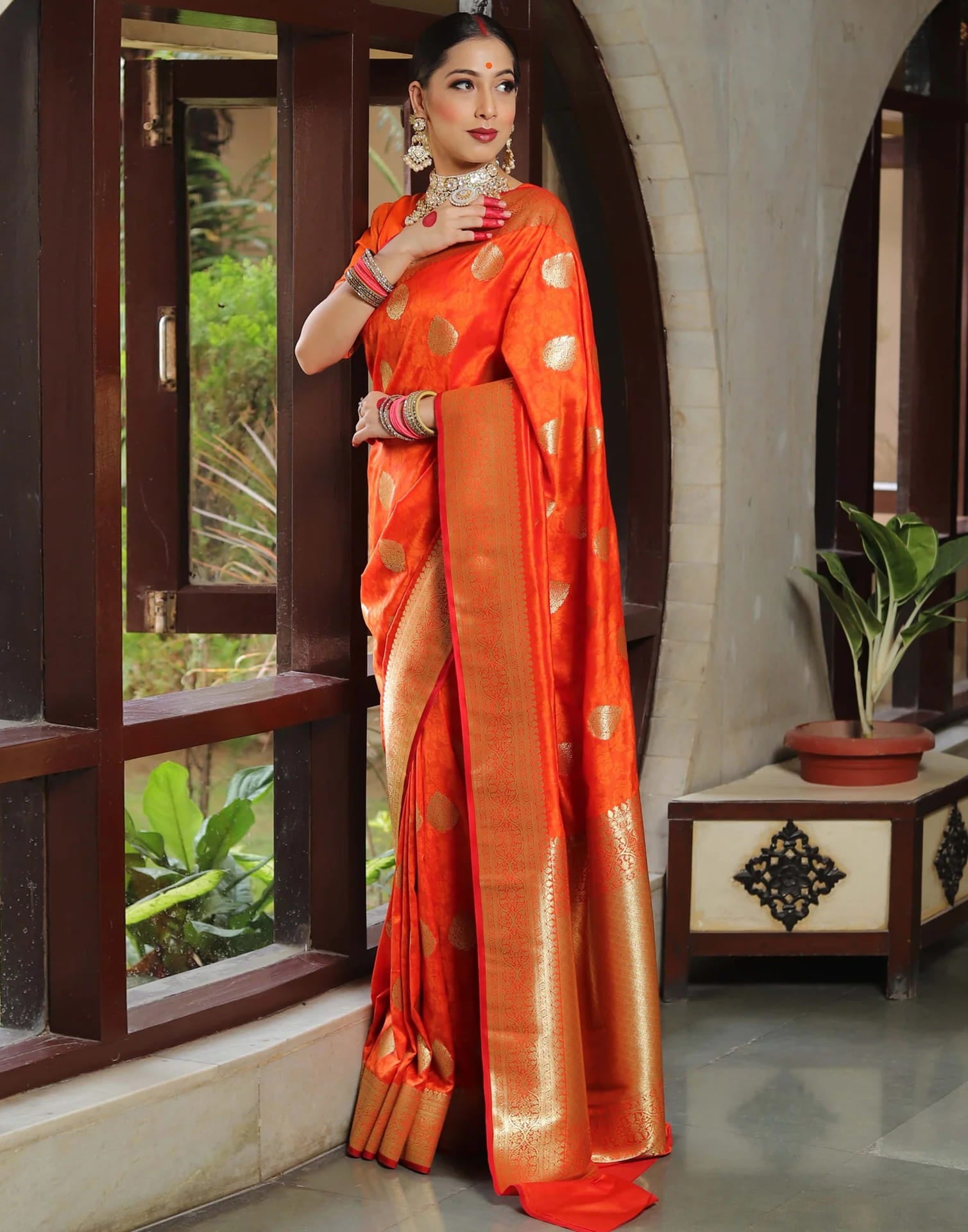 Orange Silk Woven Banarasi Saree