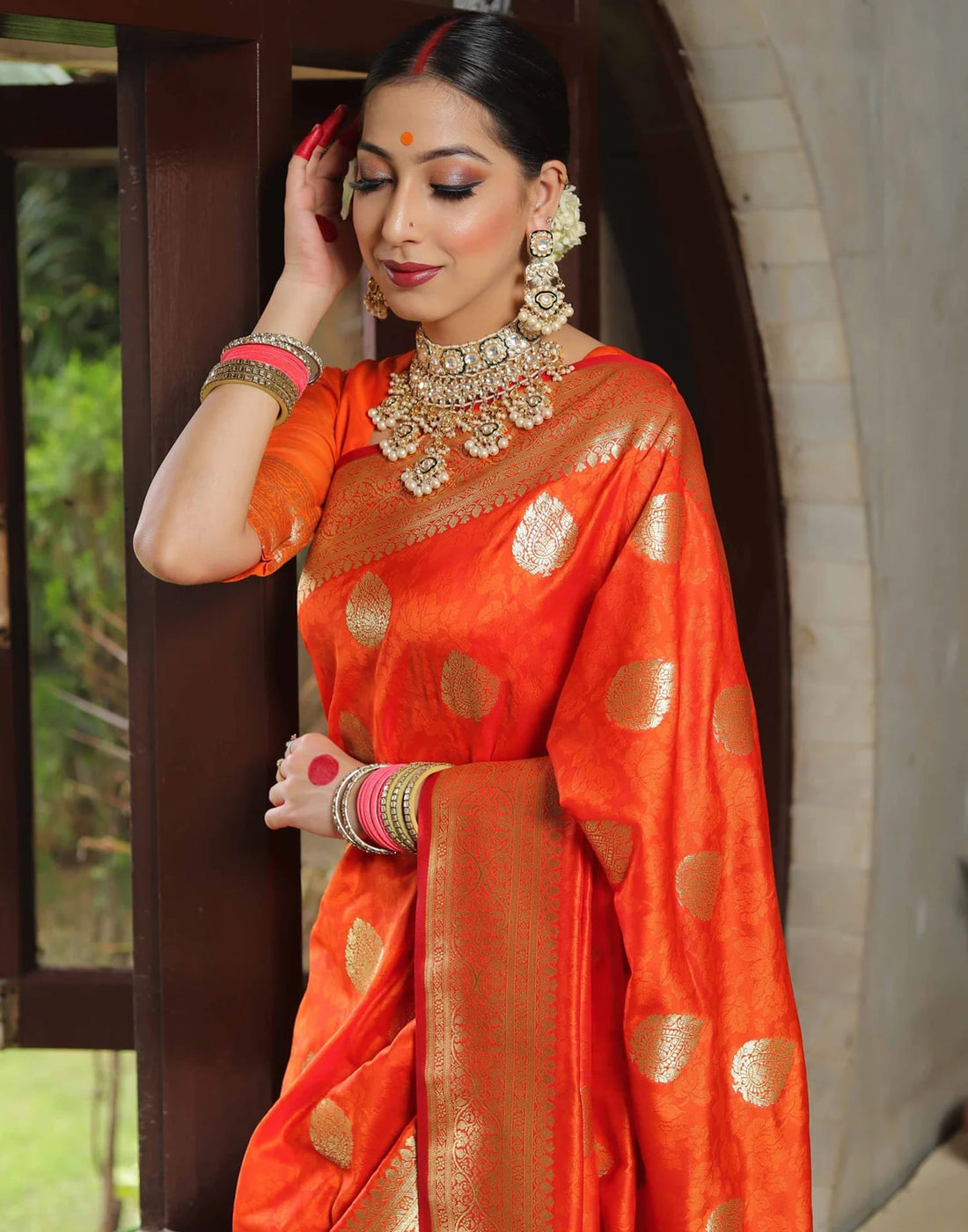 Orange Silk Woven Banarasi Saree