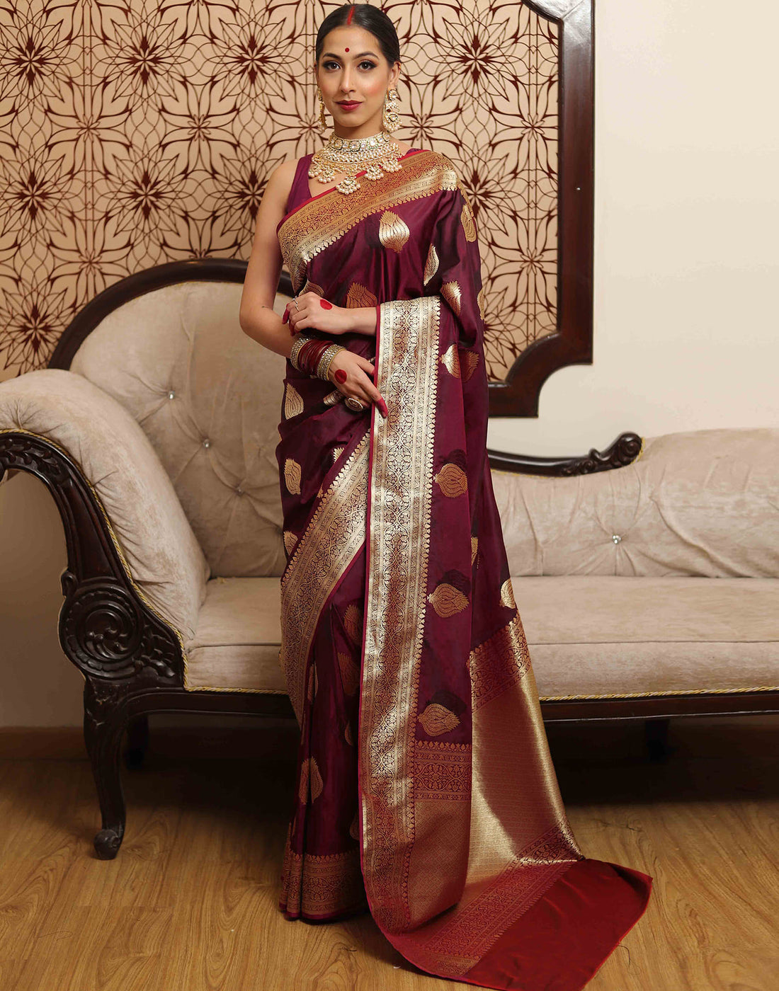 Maroon Silk Woven Banarasi Saree