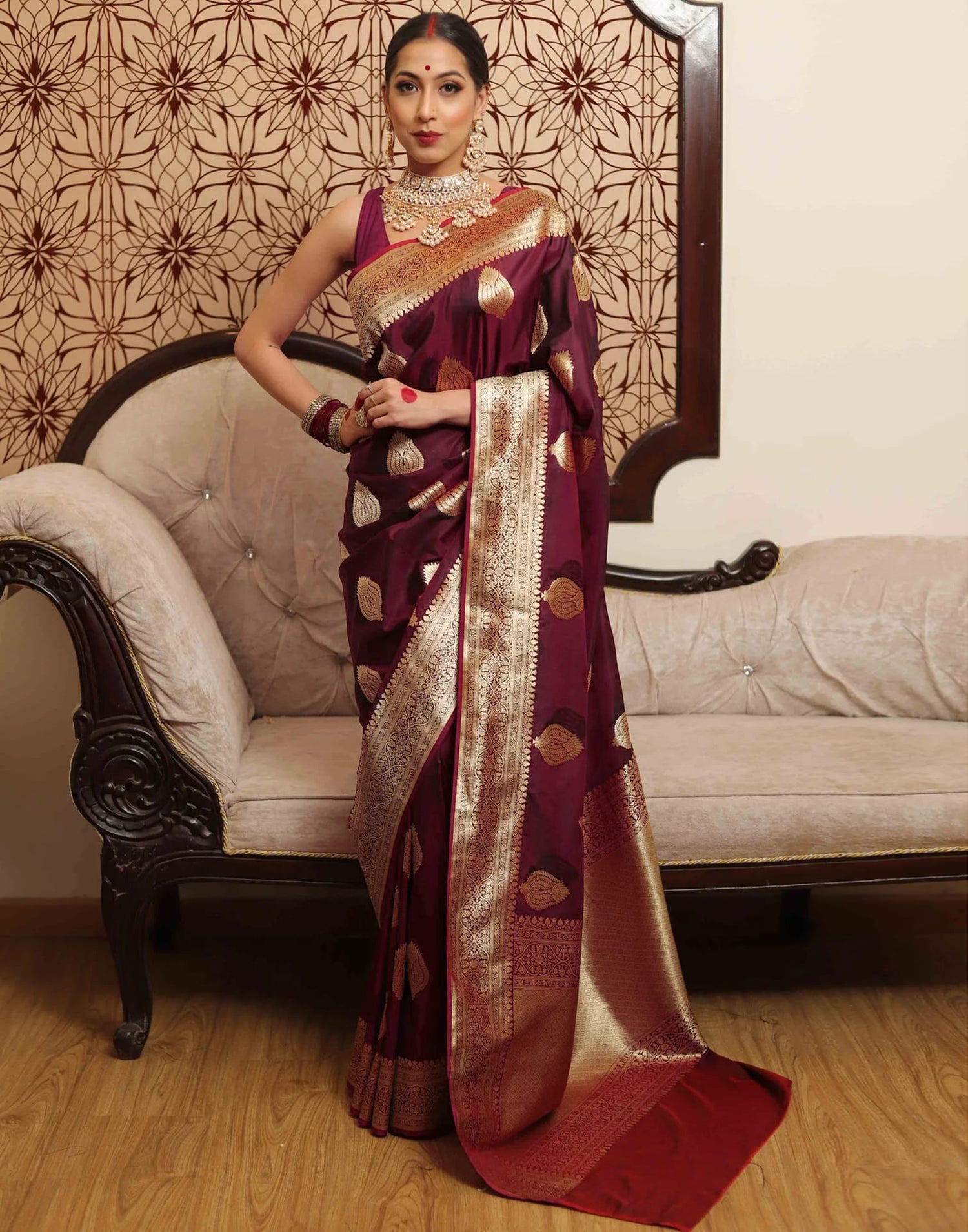 Maroon Silk Woven Banarasi Saree