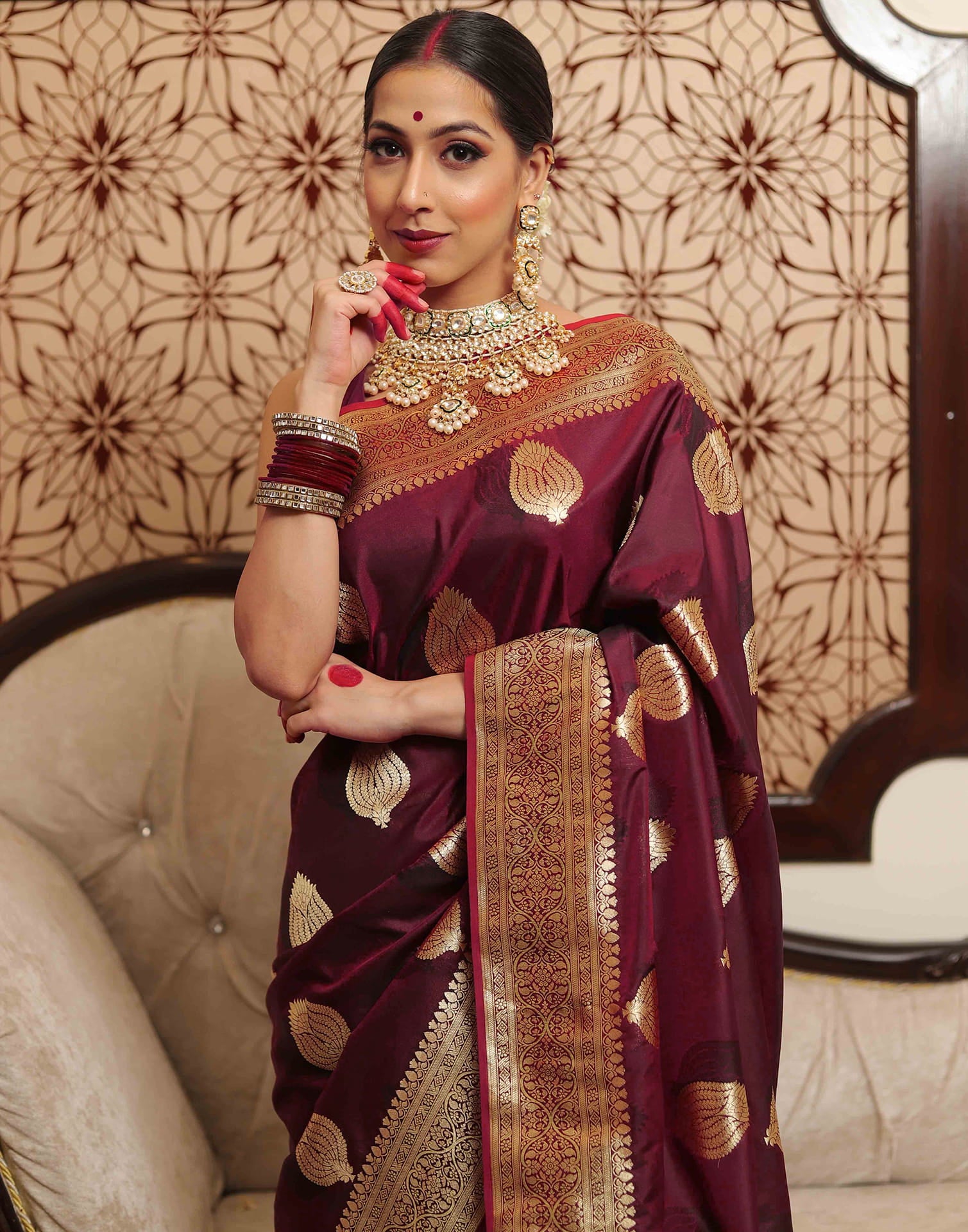 Maroon Silk Woven Banarasi Saree