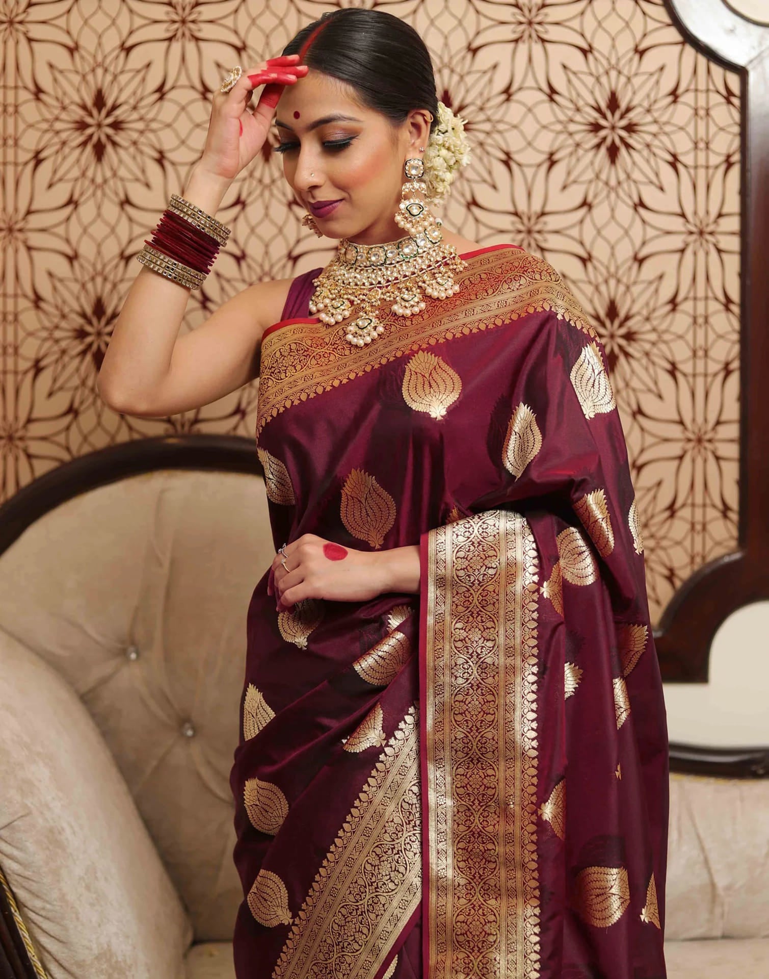 Maroon Silk Woven Banarasi Saree