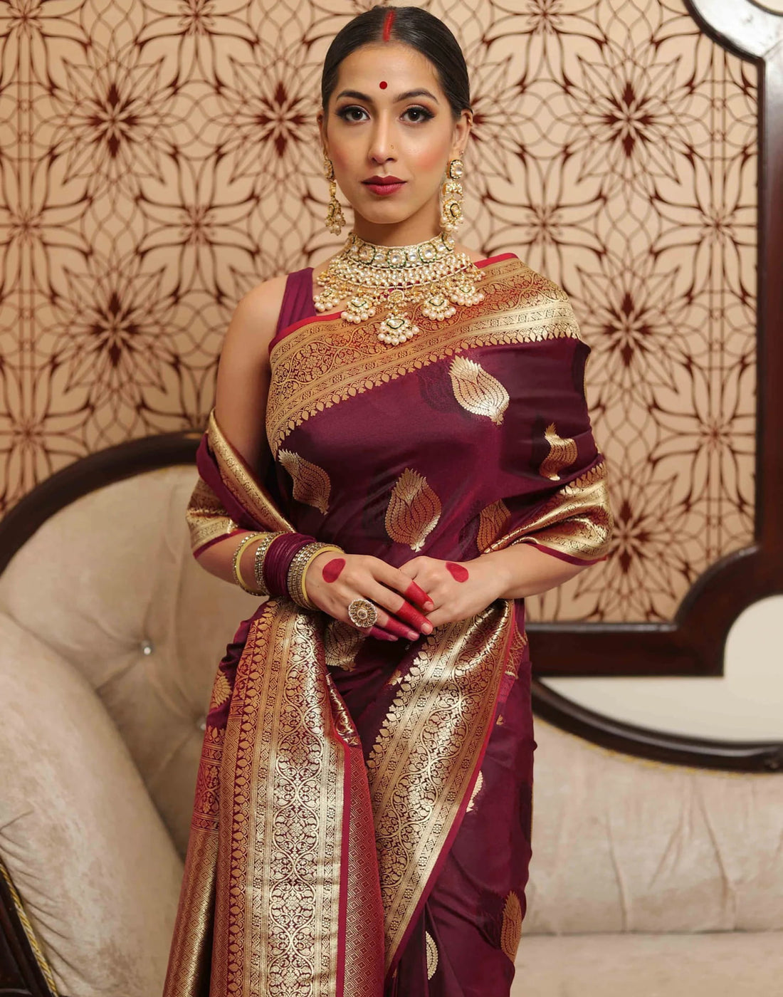 Maroon Silk Woven Banarasi Saree