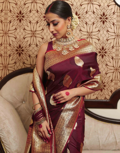 Maroon Silk Woven Banarasi Saree