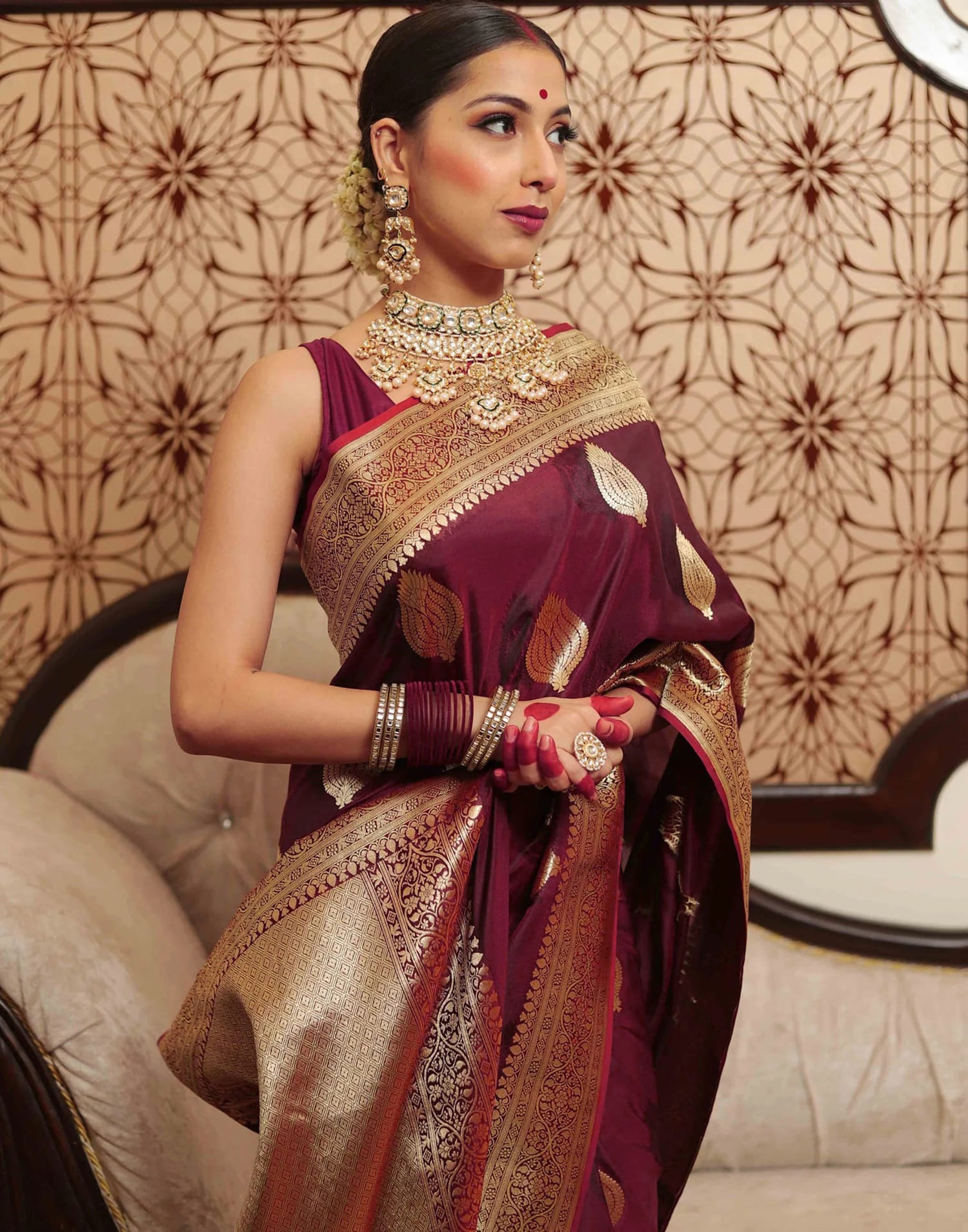 Maroon Silk Woven Banarasi Saree