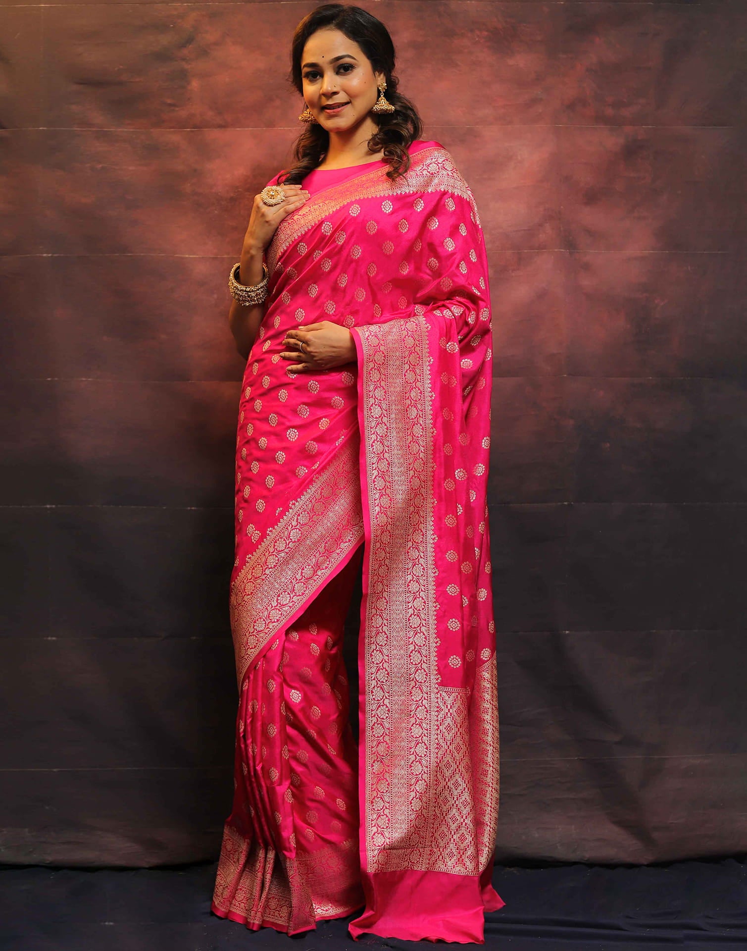 Bright Pink Silk Woven Banarasi Saree