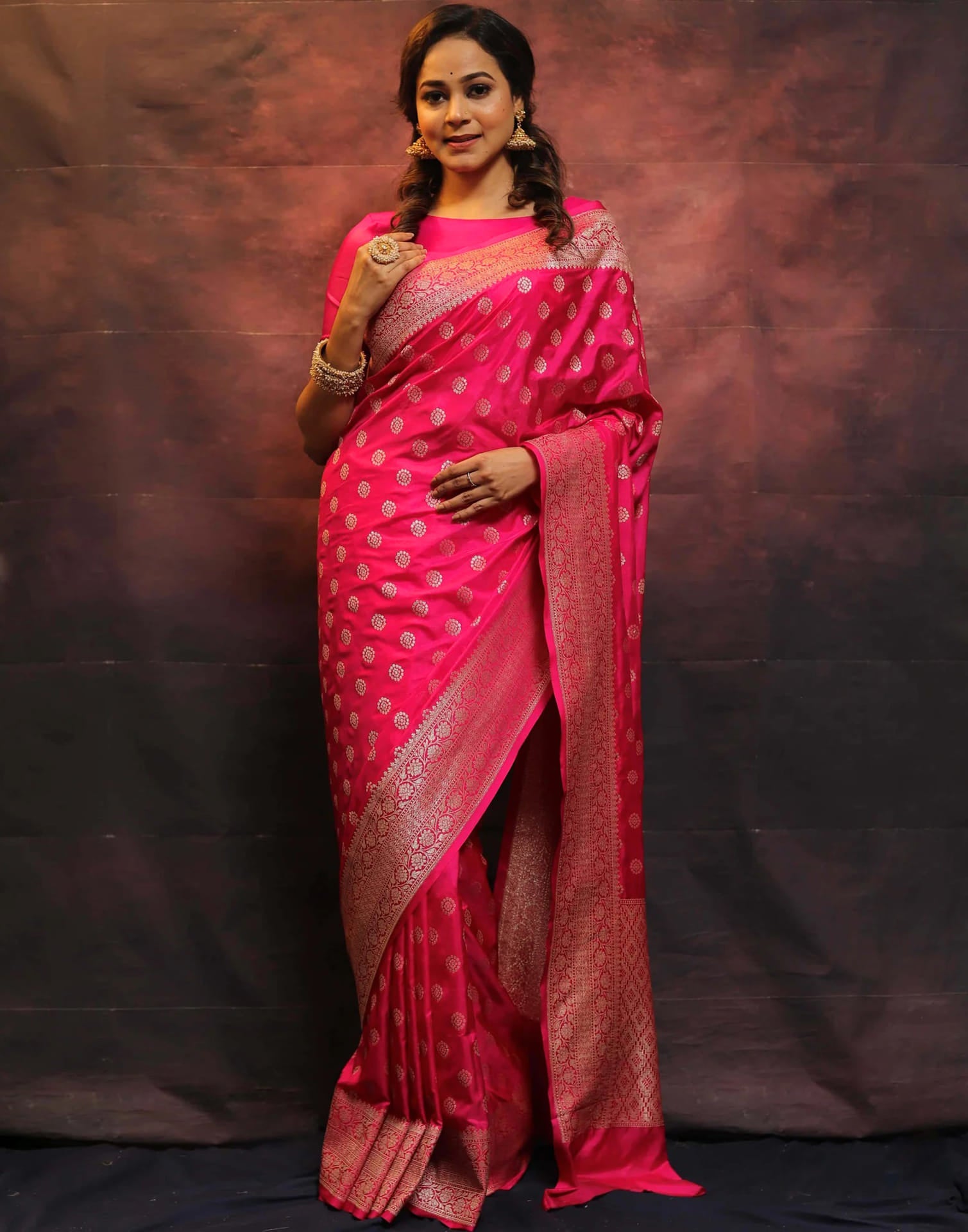 Bright Pink Silk Woven Banarasi Saree