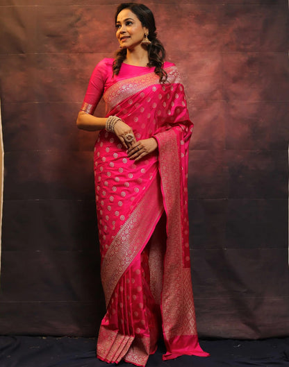 Bright Pink Silk Woven Banarasi Saree