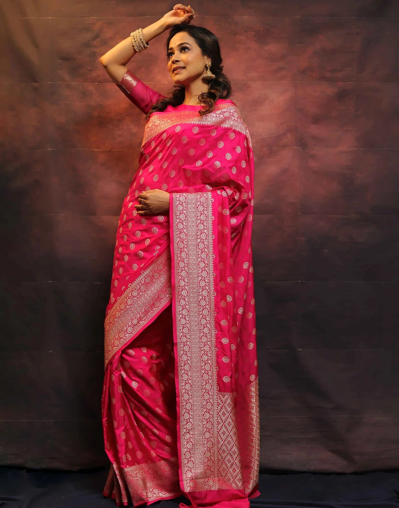 Bright Pink Silk Woven Banarasi Saree