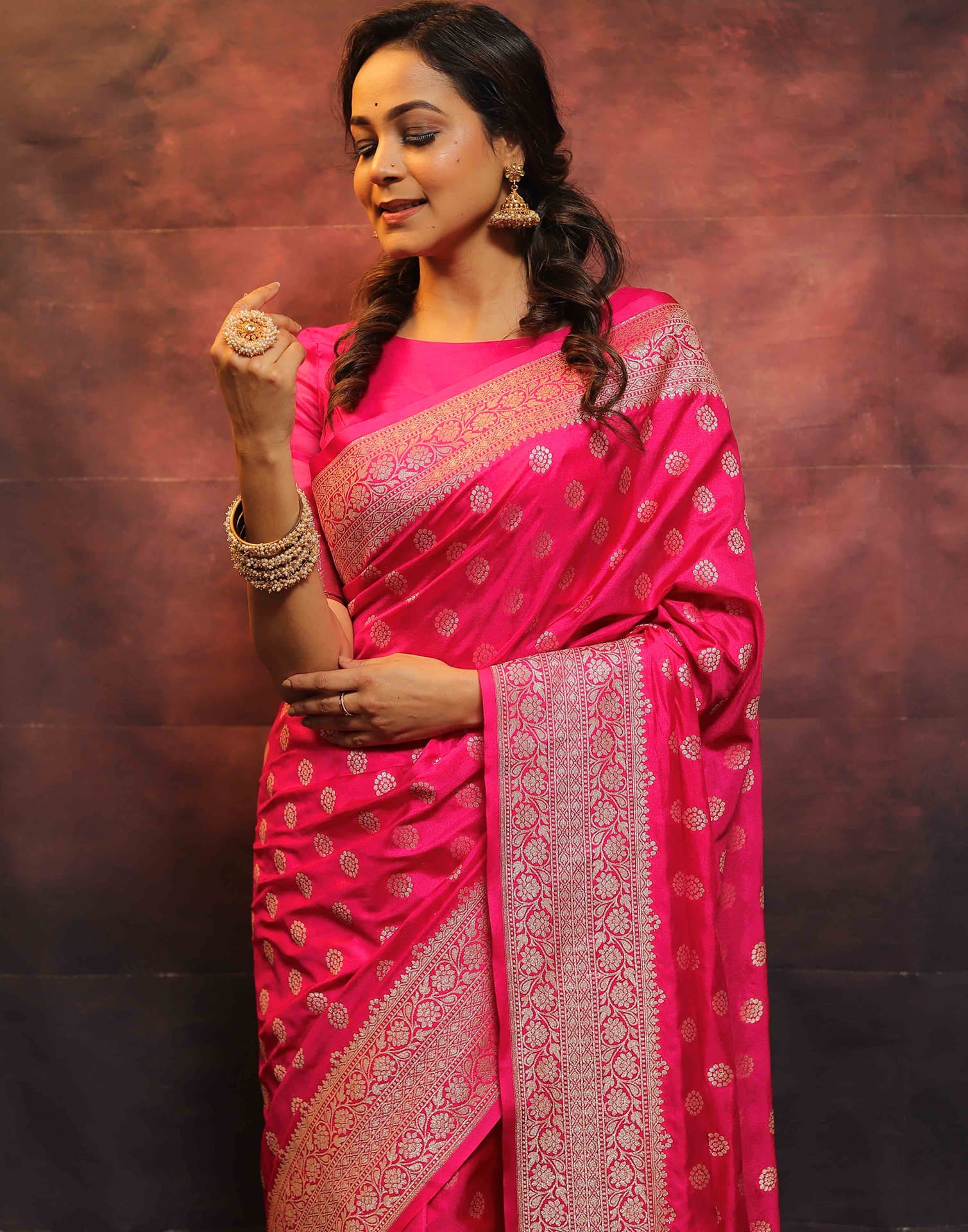 Bright Pink Silk Woven Banarasi Saree