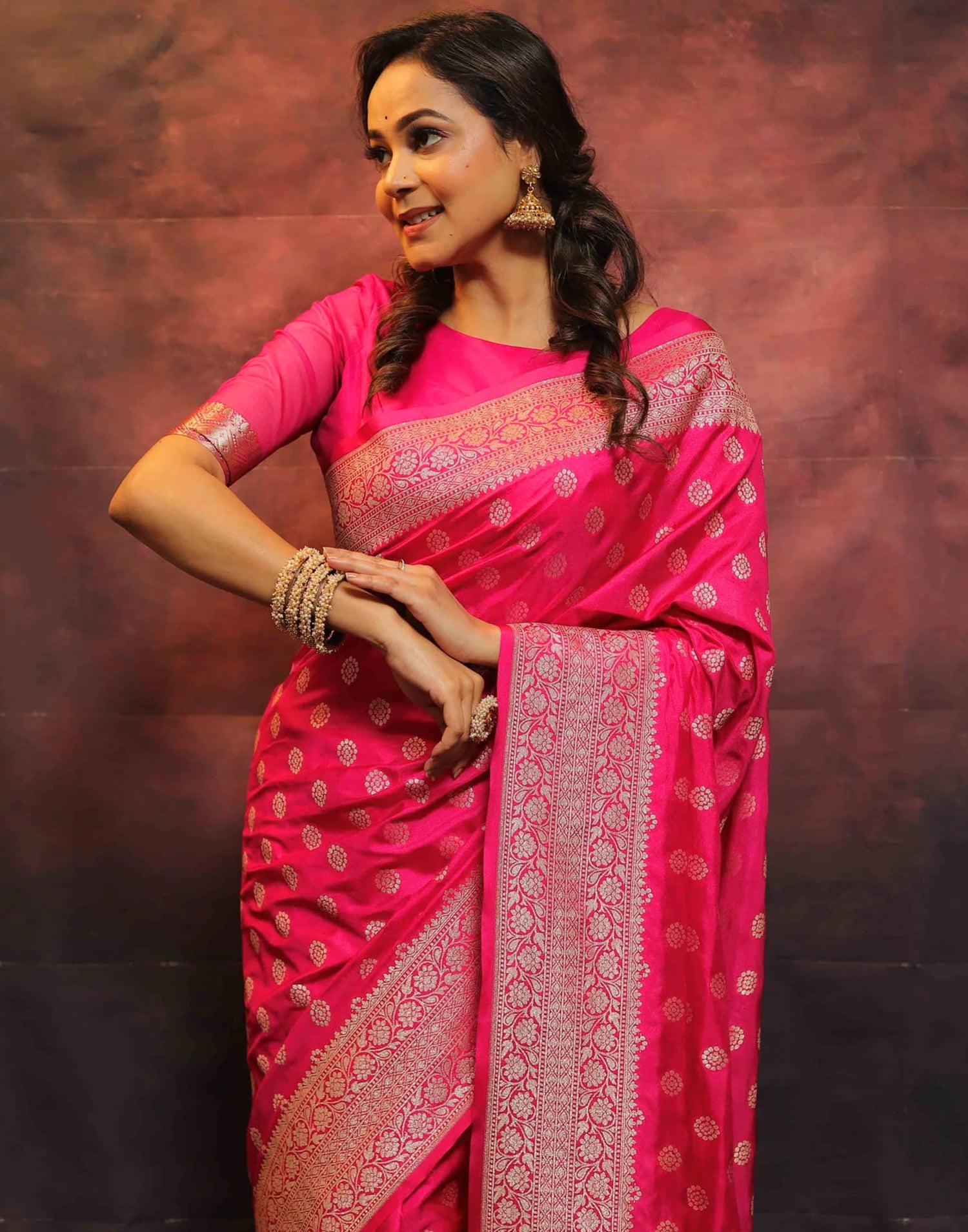 Bright Pink Silk Woven Banarasi Saree