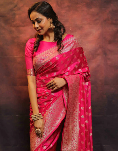 Bright Pink Silk Woven Banarasi Saree