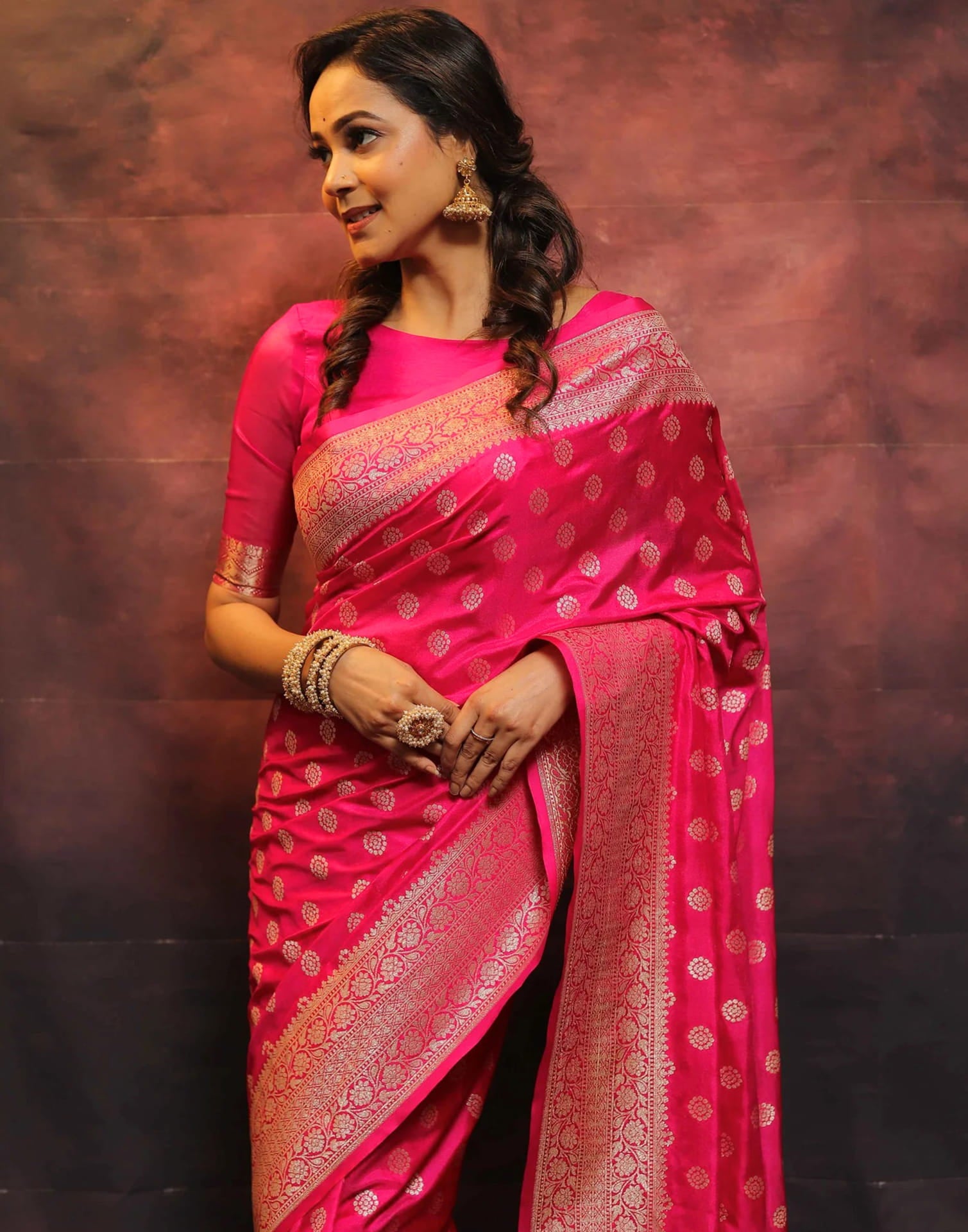 Bright Pink Silk Woven Banarasi Saree