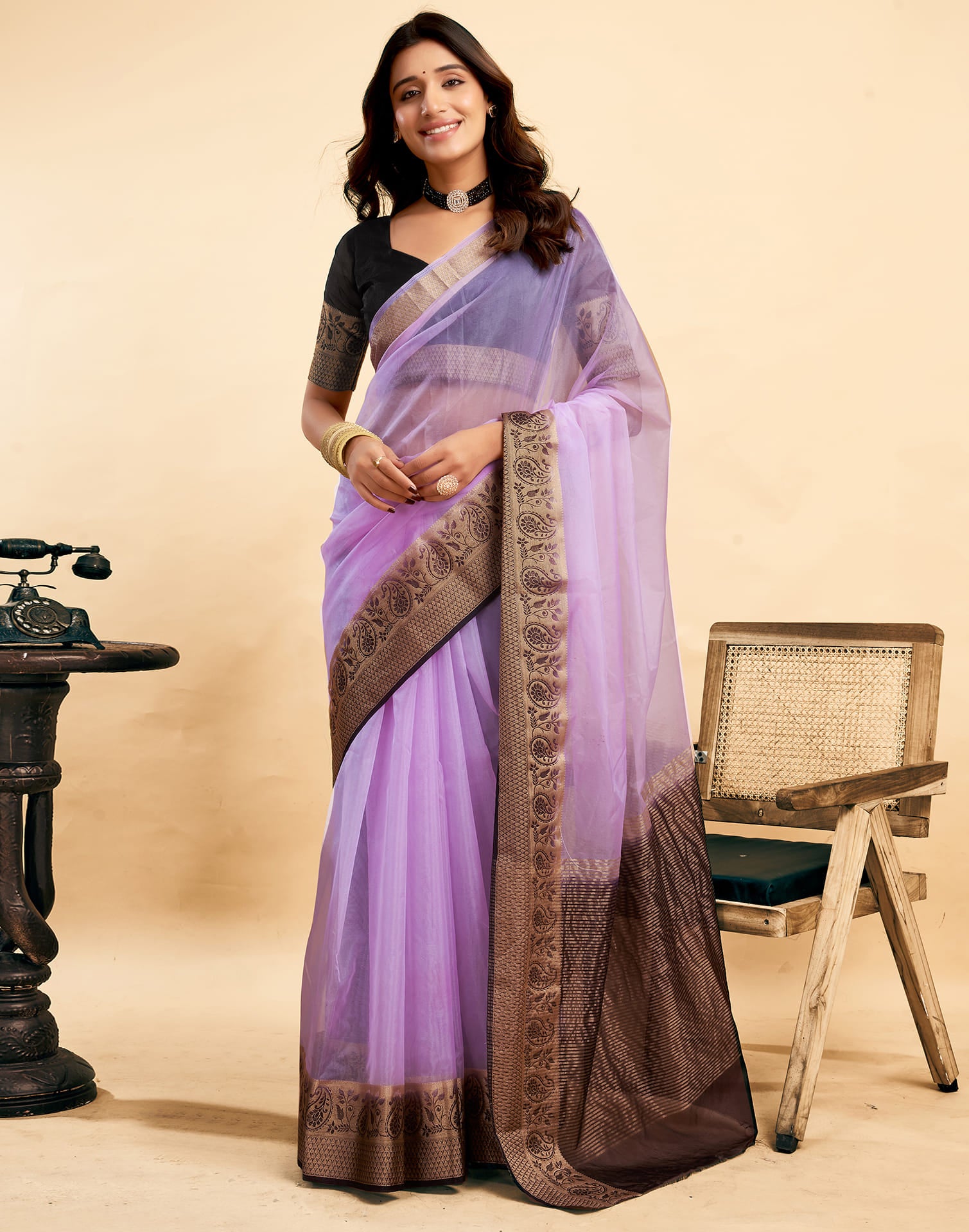 Light Purple Organza Zari Stripe Plain Saree