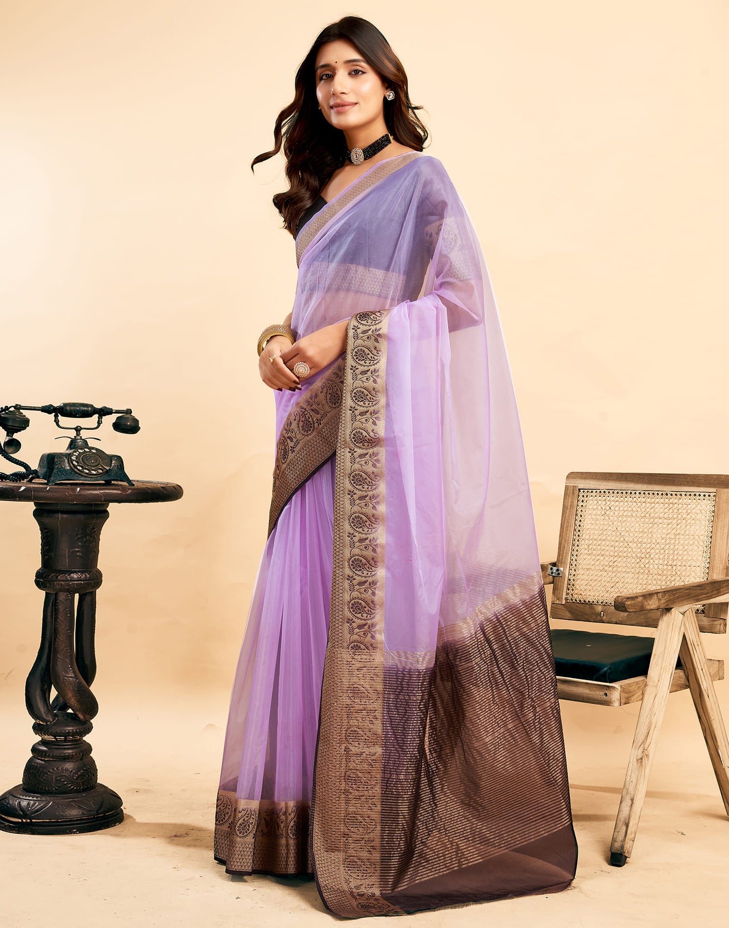 Light Purple Organza Zari Stripe Plain Saree