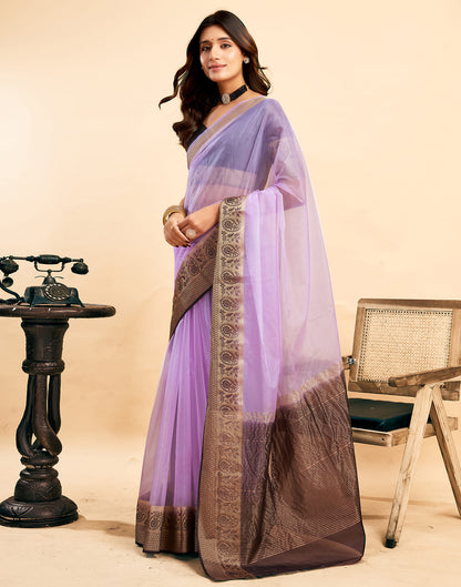 Light Purple Organza Zari Stripe Plain Saree