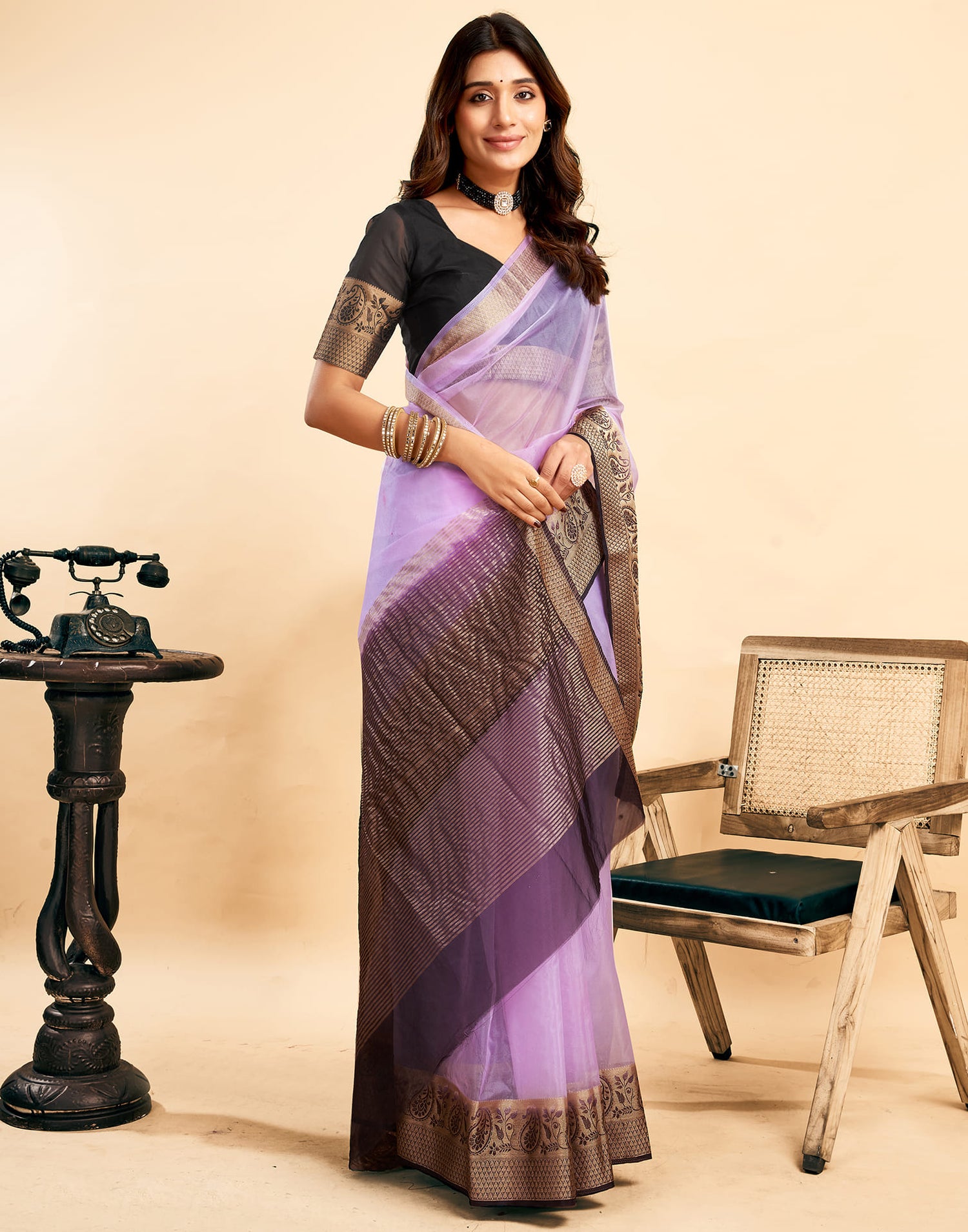 Light Purple Organza Zari Stripe Plain Saree