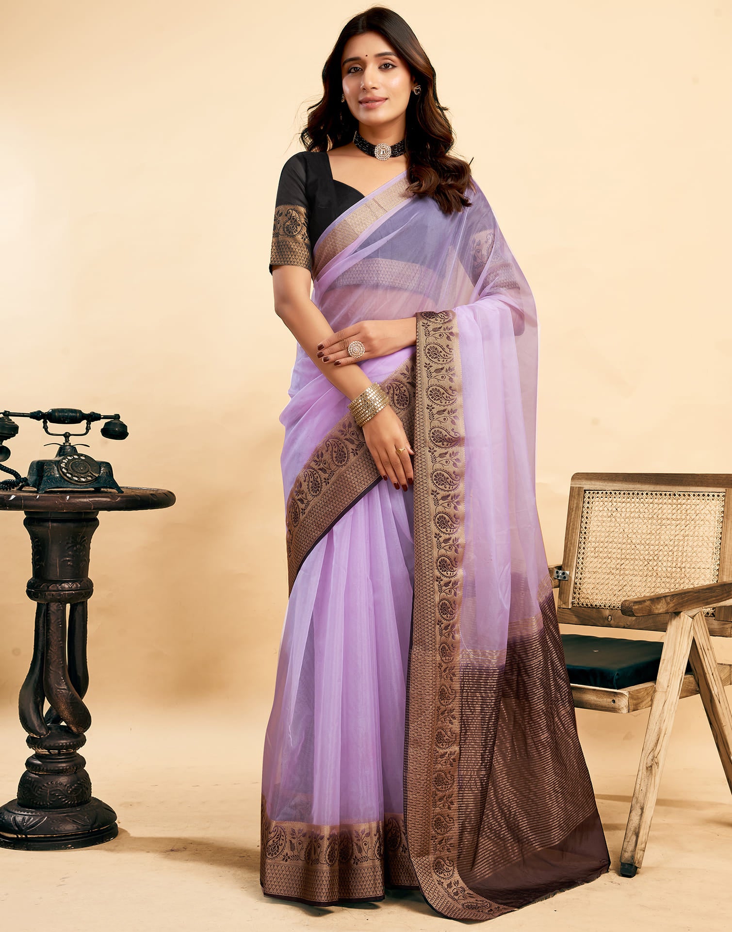 Light Purple Organza Zari Stripe Plain Saree