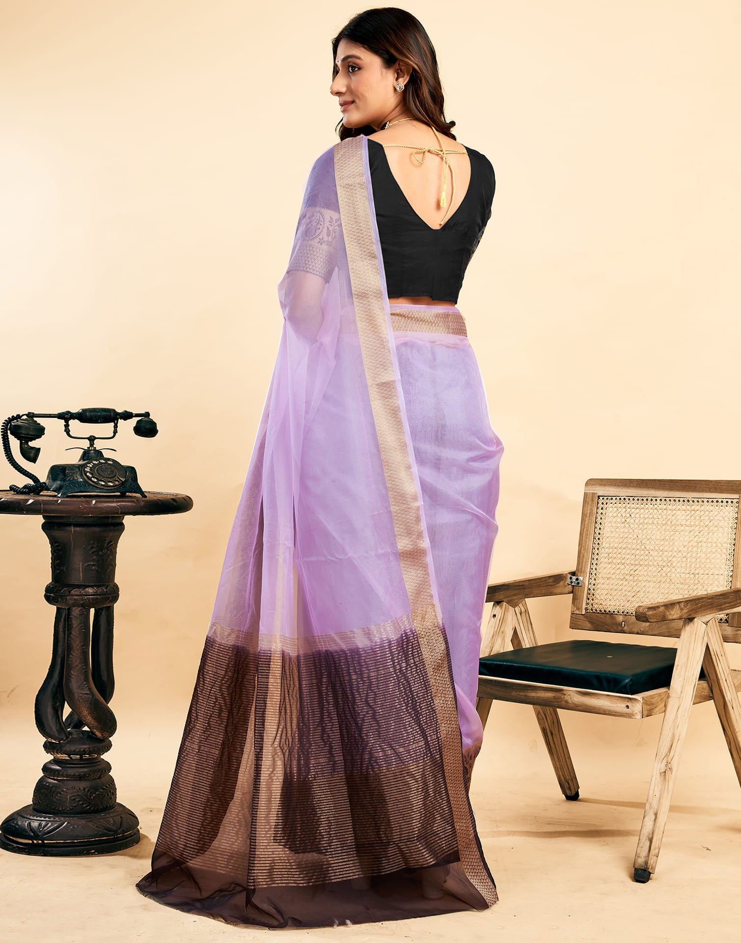 Light Purple Organza Zari Stripe Plain Saree