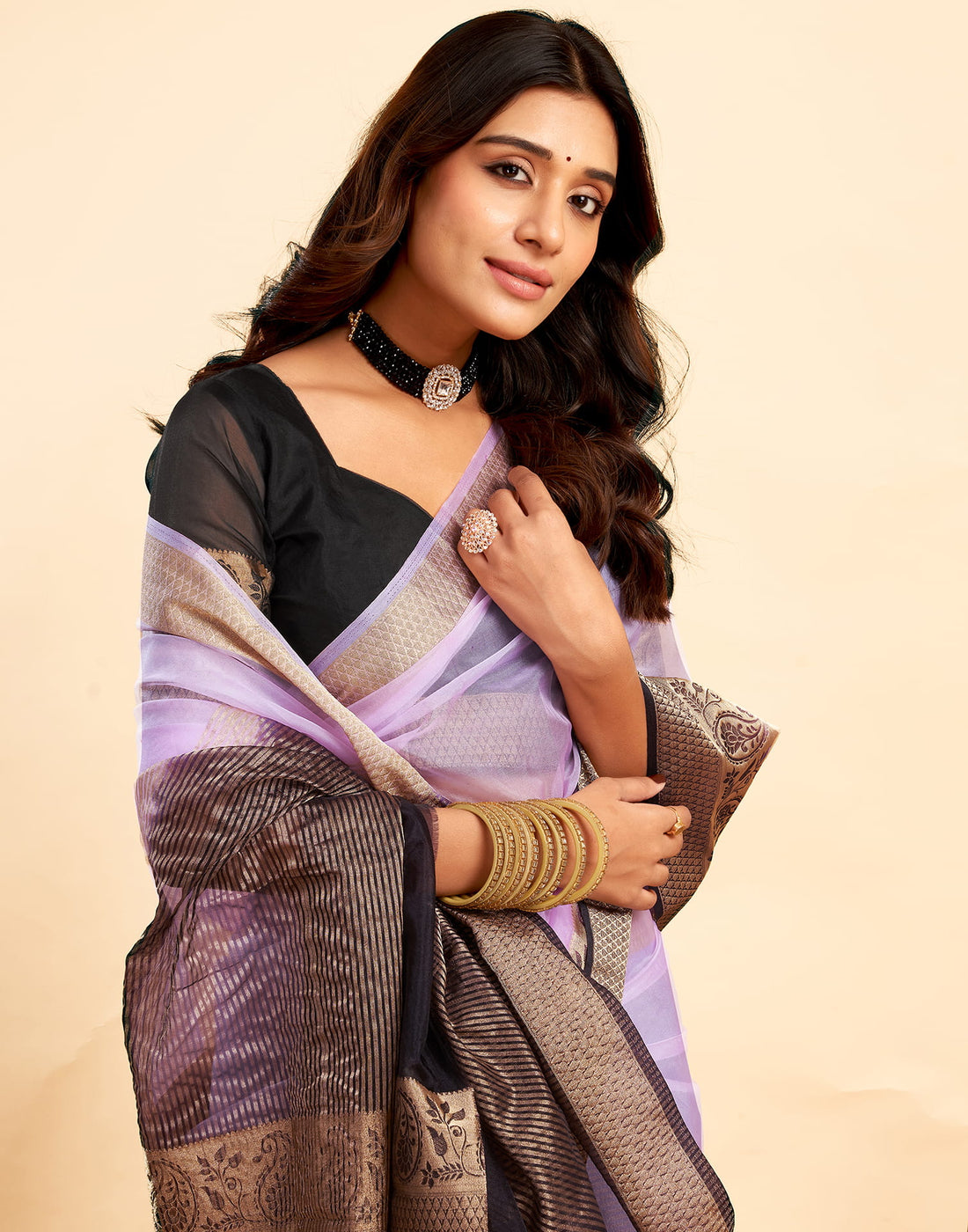 Light Purple Organza Zari Stripe Plain Saree