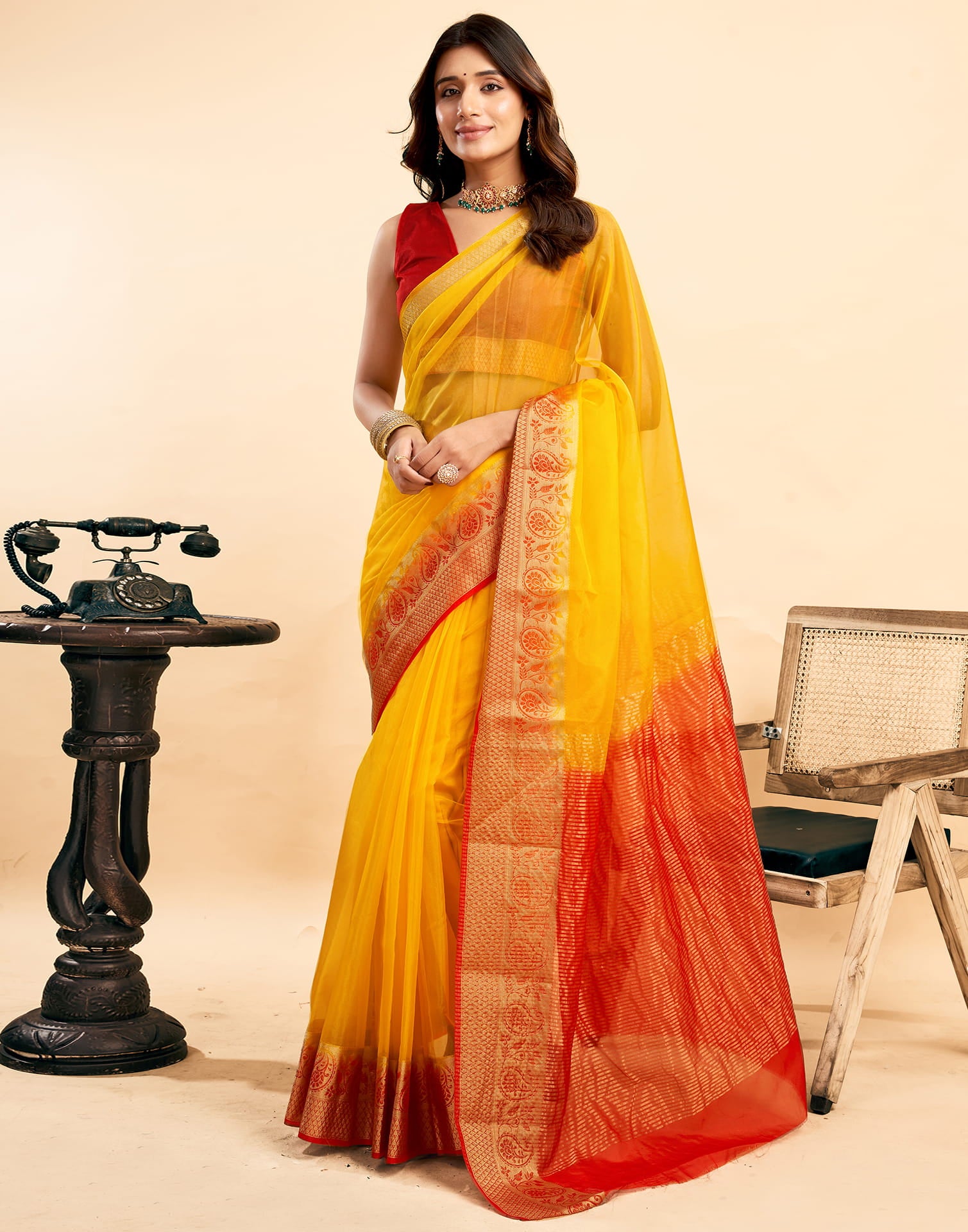 Yellow Organza Zari Stripe Plain Saree