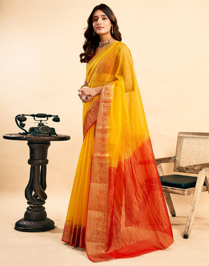 Yellow Organza Zari Stripe Plain Saree