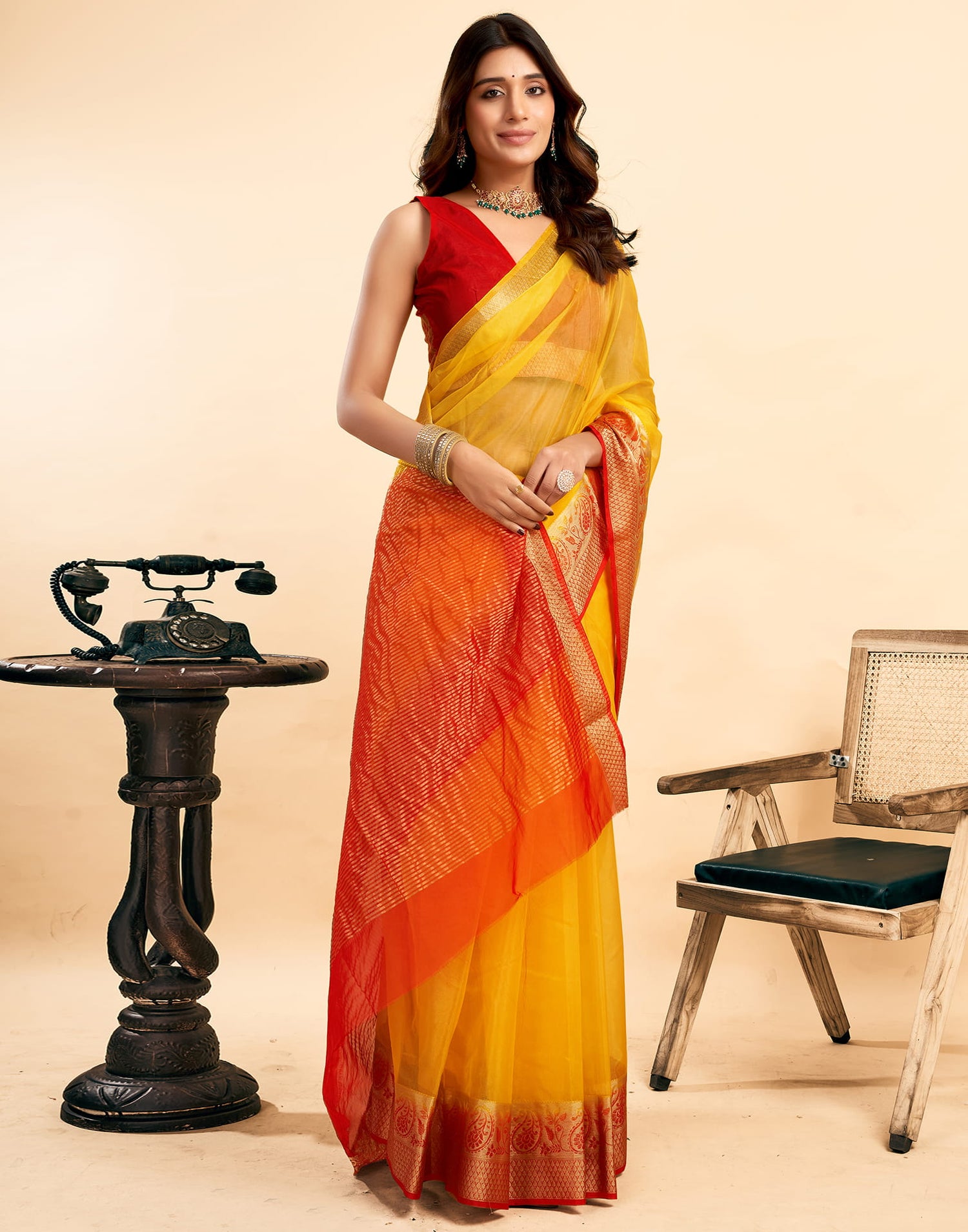 Yellow Organza Zari Stripe Plain Saree