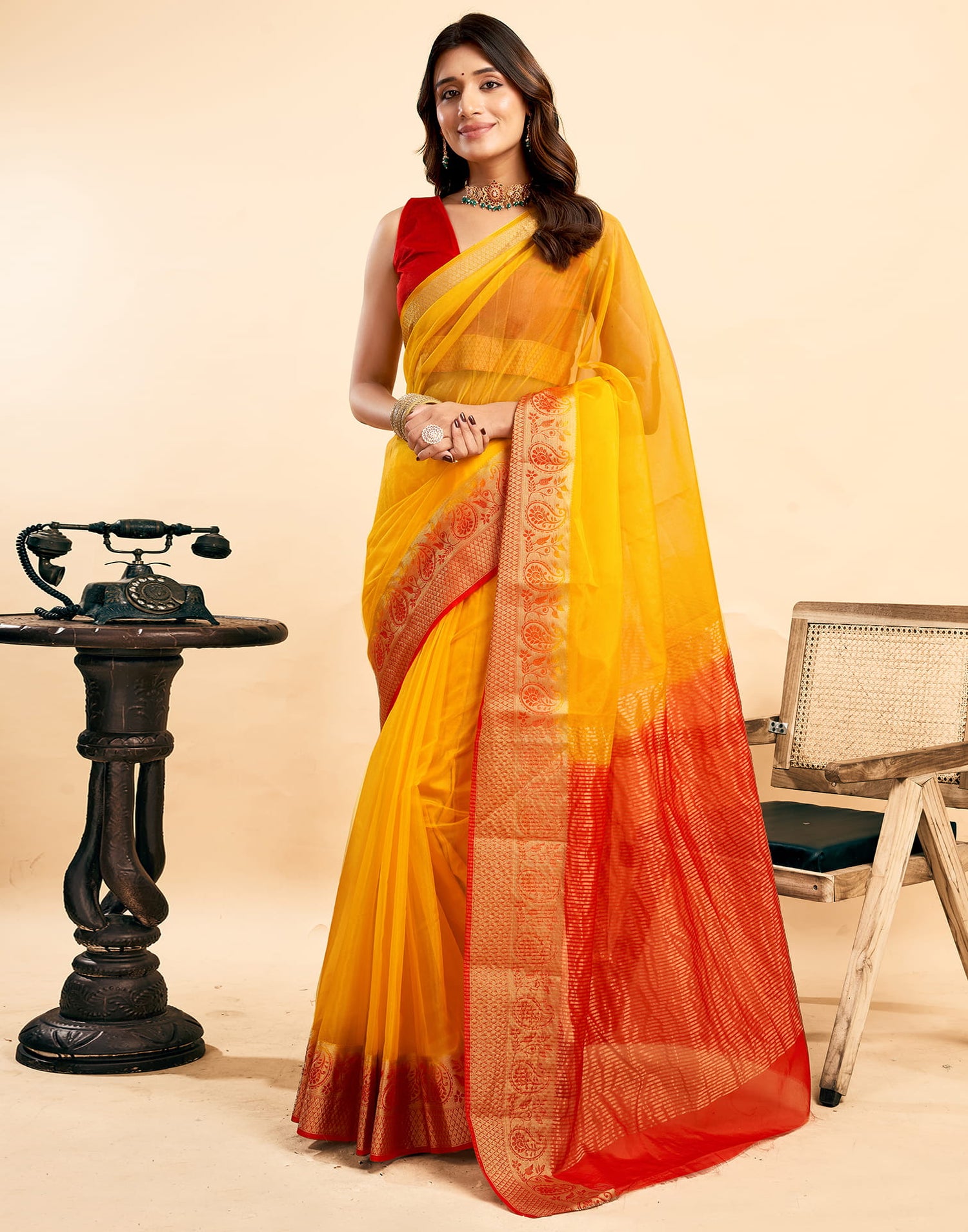 Yellow Organza Zari Stripe Plain Saree