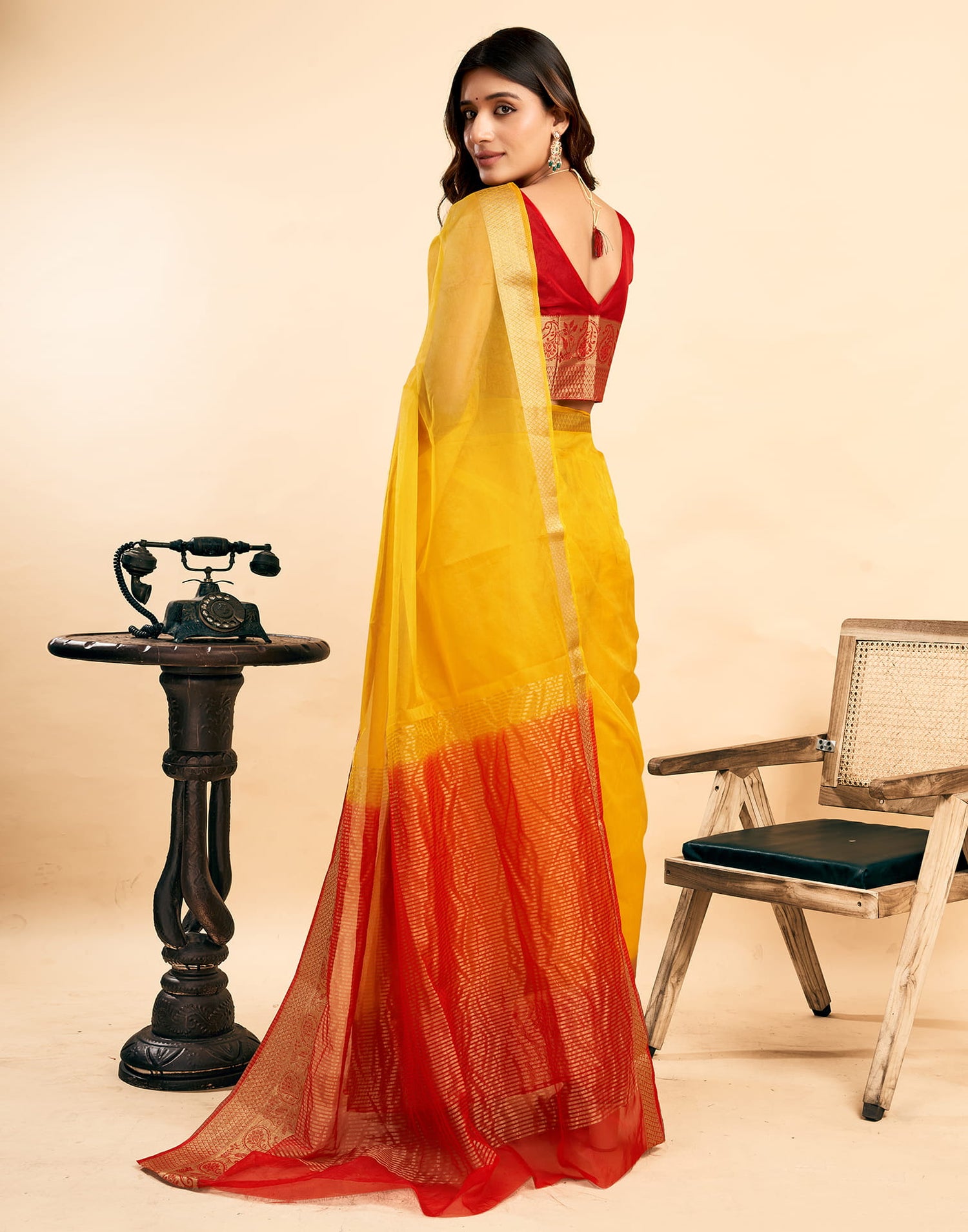 Yellow Organza Zari Stripe Plain Saree