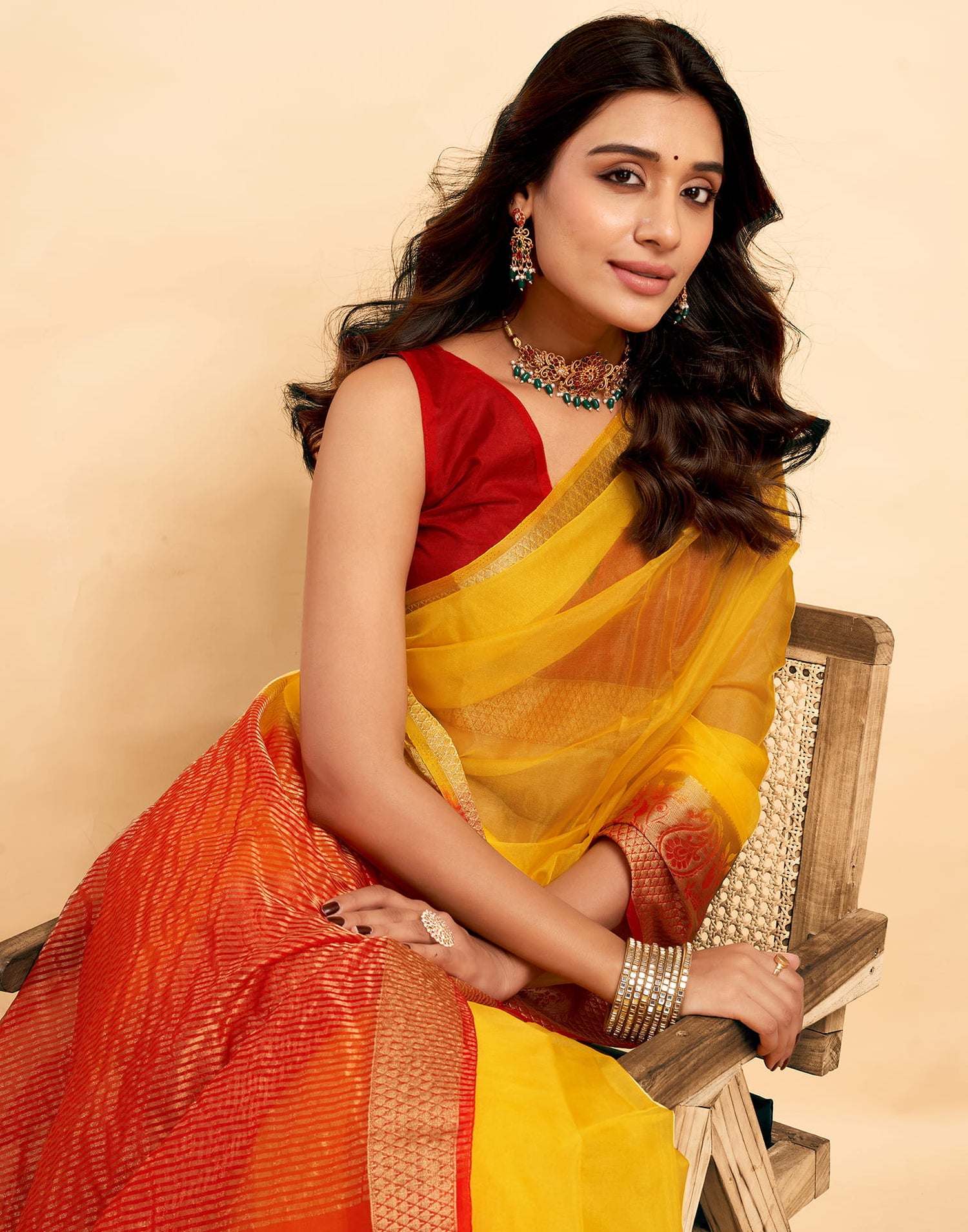 Yellow Organza Zari Stripe Plain Saree