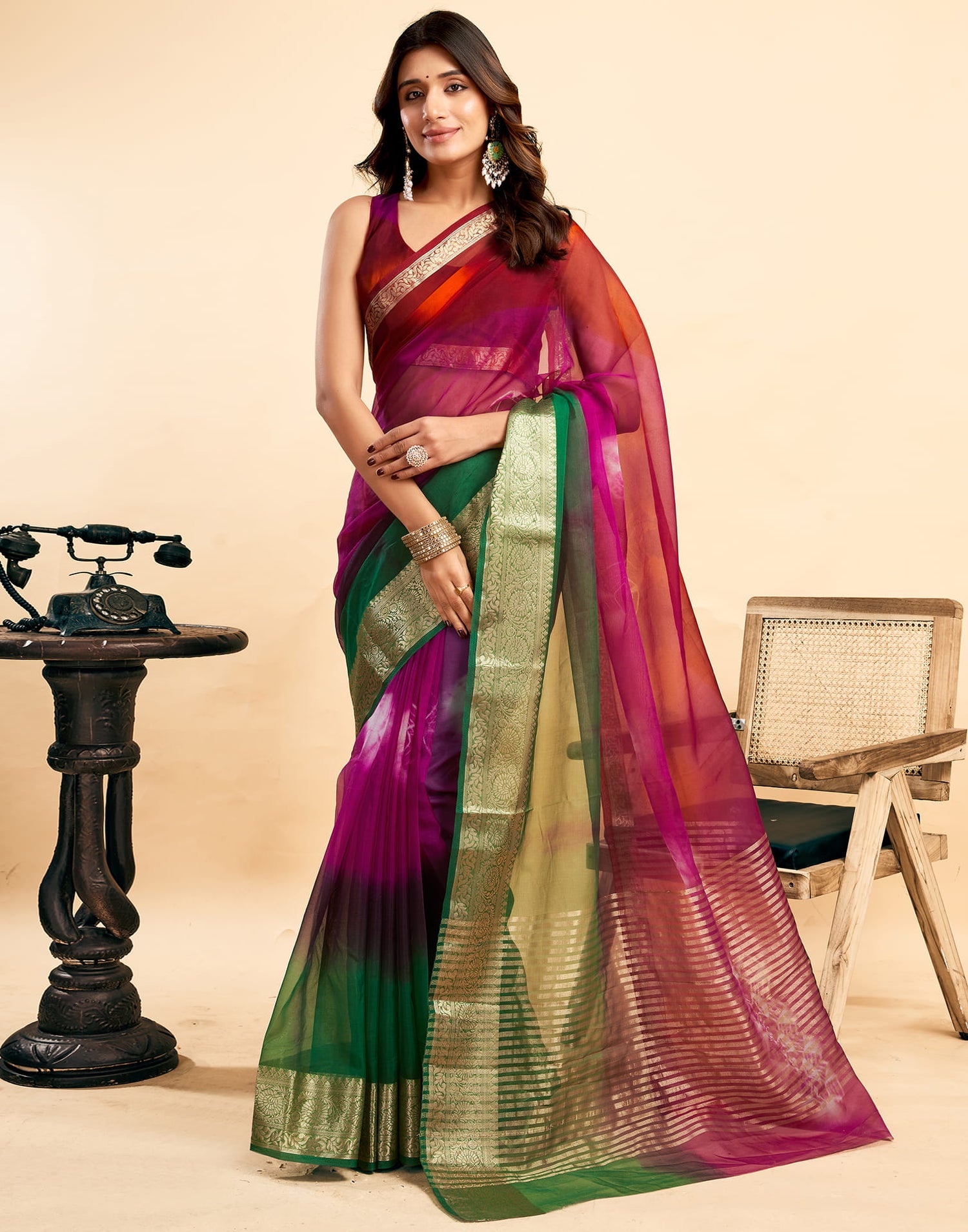 Red Organza Zari Stripe Plain Saree