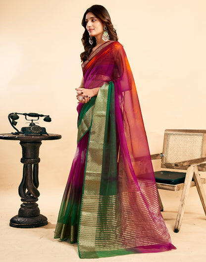 Red Organza Zari Stripe Plain Saree