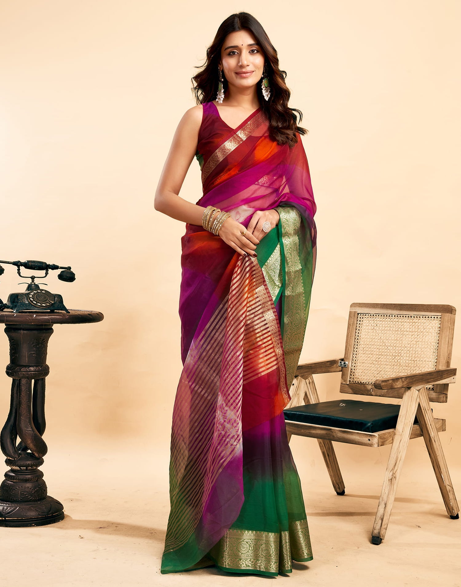 Red Organza Zari Stripe Plain Saree