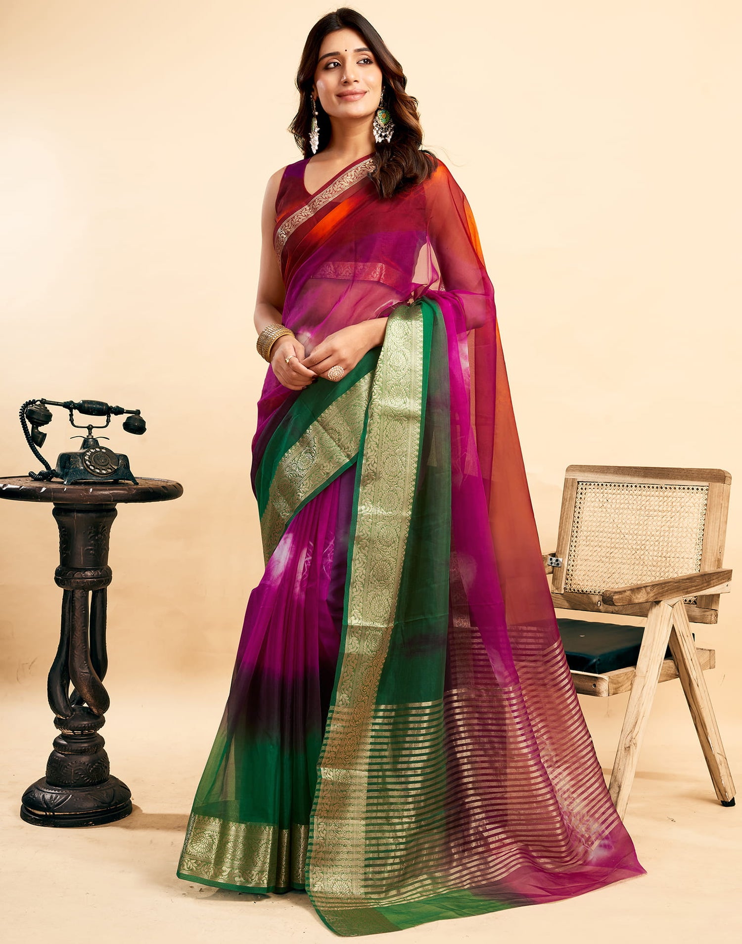 Red Organza Zari Stripe Plain Saree