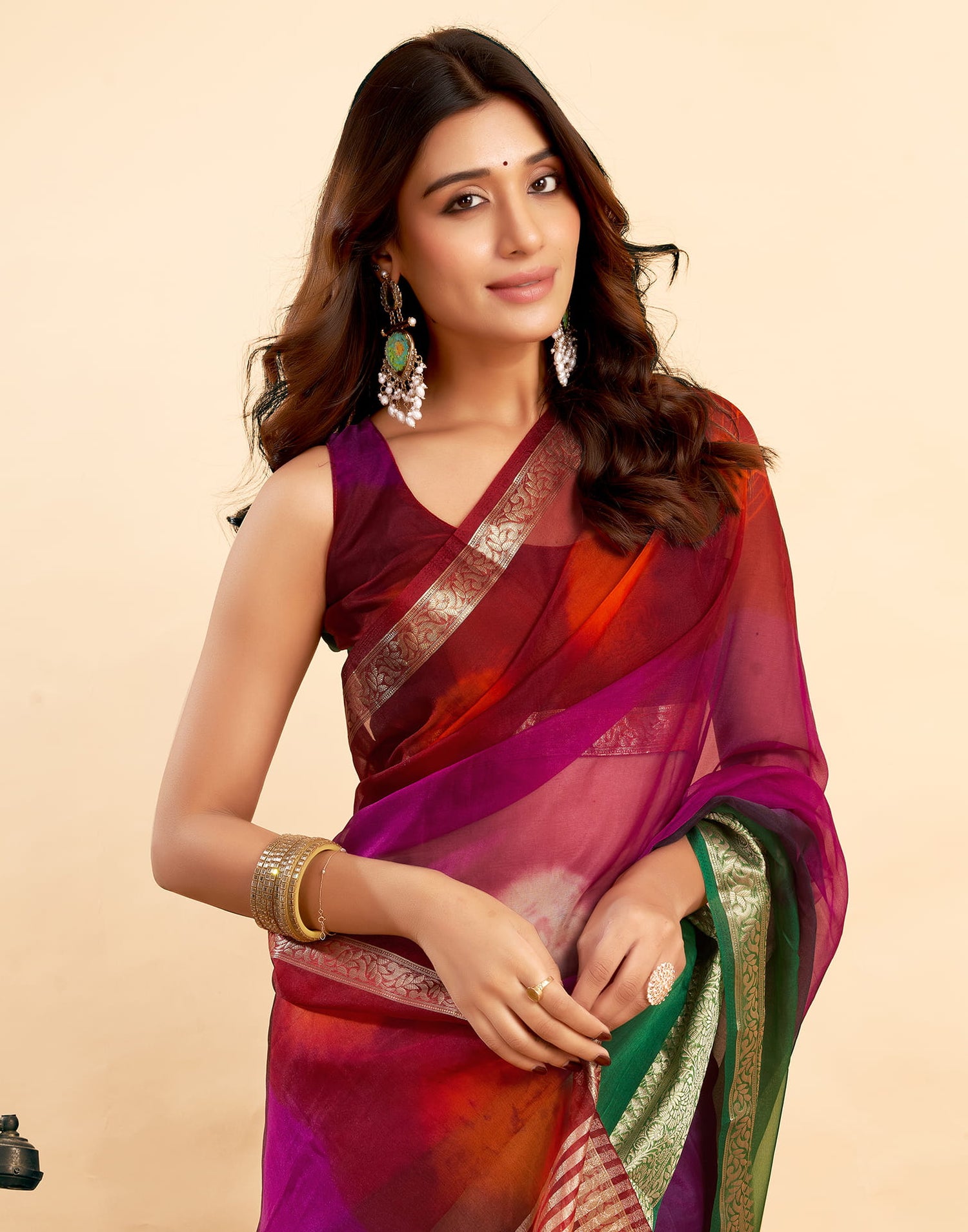 Red Organza Zari Stripe Plain Saree