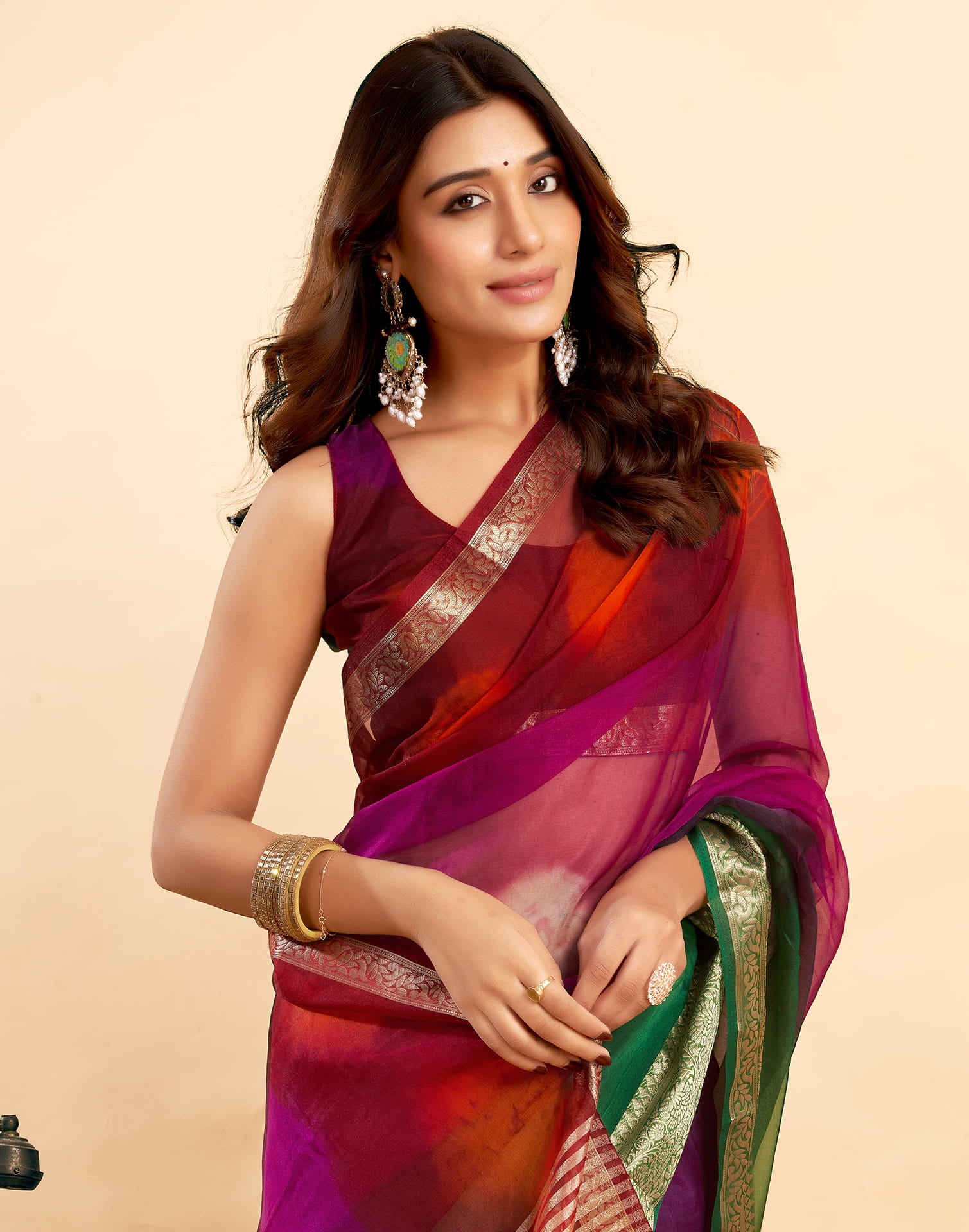 Red Organza Zari Stripe Plain Saree